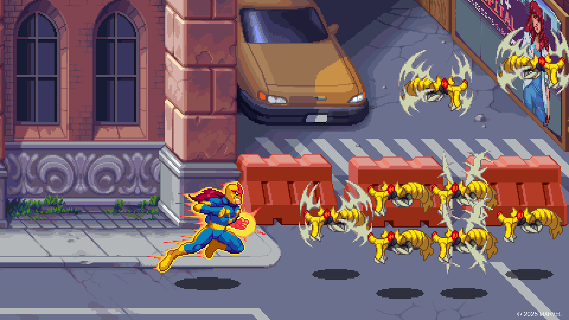HD PC wallpaper for the video game MARVEL Cosmic Invasion: Nova (Marvel Comics) sprints down a city street, a superhero firing golden cosmic blasts at swarming winged aliens.