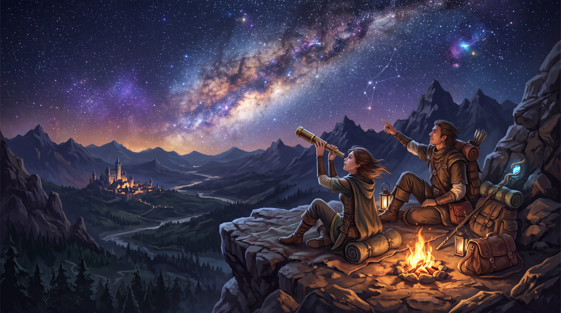 5K Ultra HD desktop wallpaper showing two stargazers on a mountain ledge beside a campfire, one with a telescope, the Milky Way arching across a vivid night sky over distant peaks.