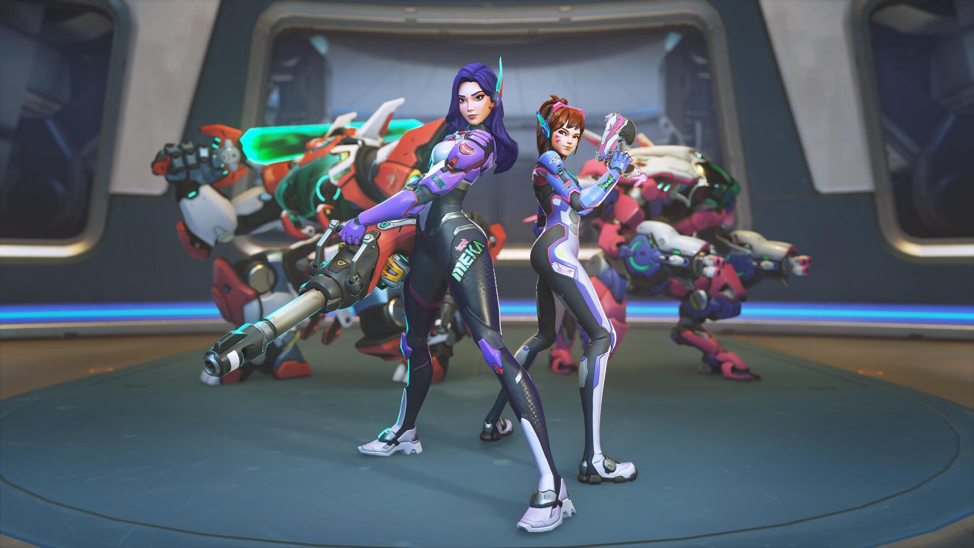 4K Ultra HD PC desktop wallpaper: Futuristic video game Overwatch scene with D.Mon (Overwatch) and allies posing before armored mechs in a neon-lit arena.