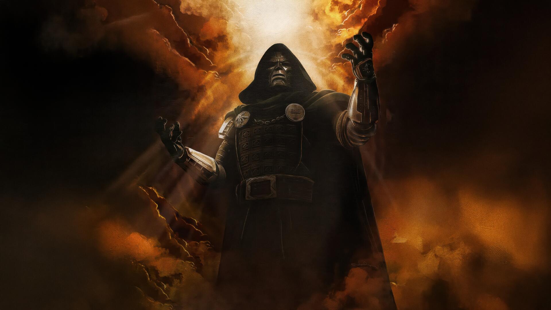 Avengers: Doomsday — hooded armored figure looms in fiery clouds; Avengers-themed 4K Ultra HD PC desktop wallpaper background.