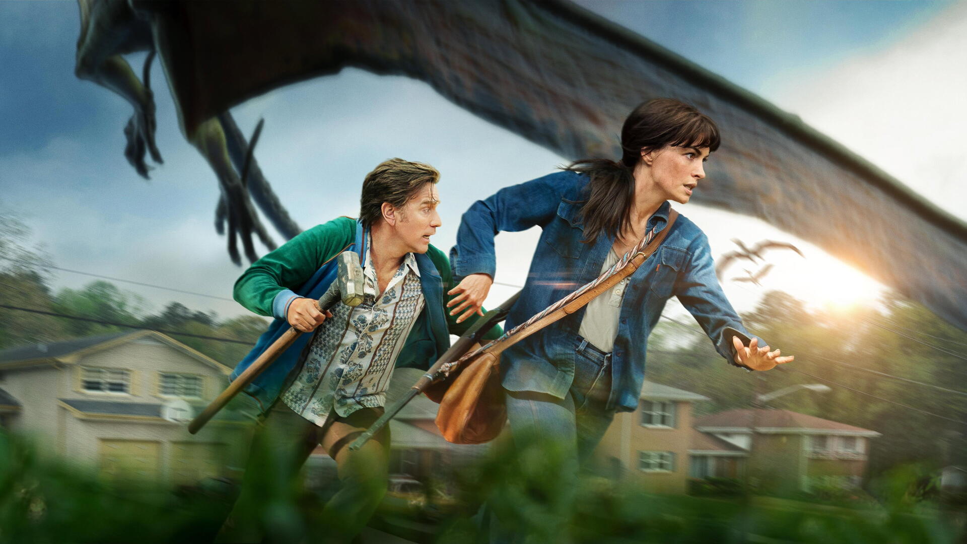 The End of Oak Street — 4K Ultra HD PC desktop wallpaper: two people dash across a suburban lawn as a dragon swoops overhead, sunlight breaking through clouds above the houses.