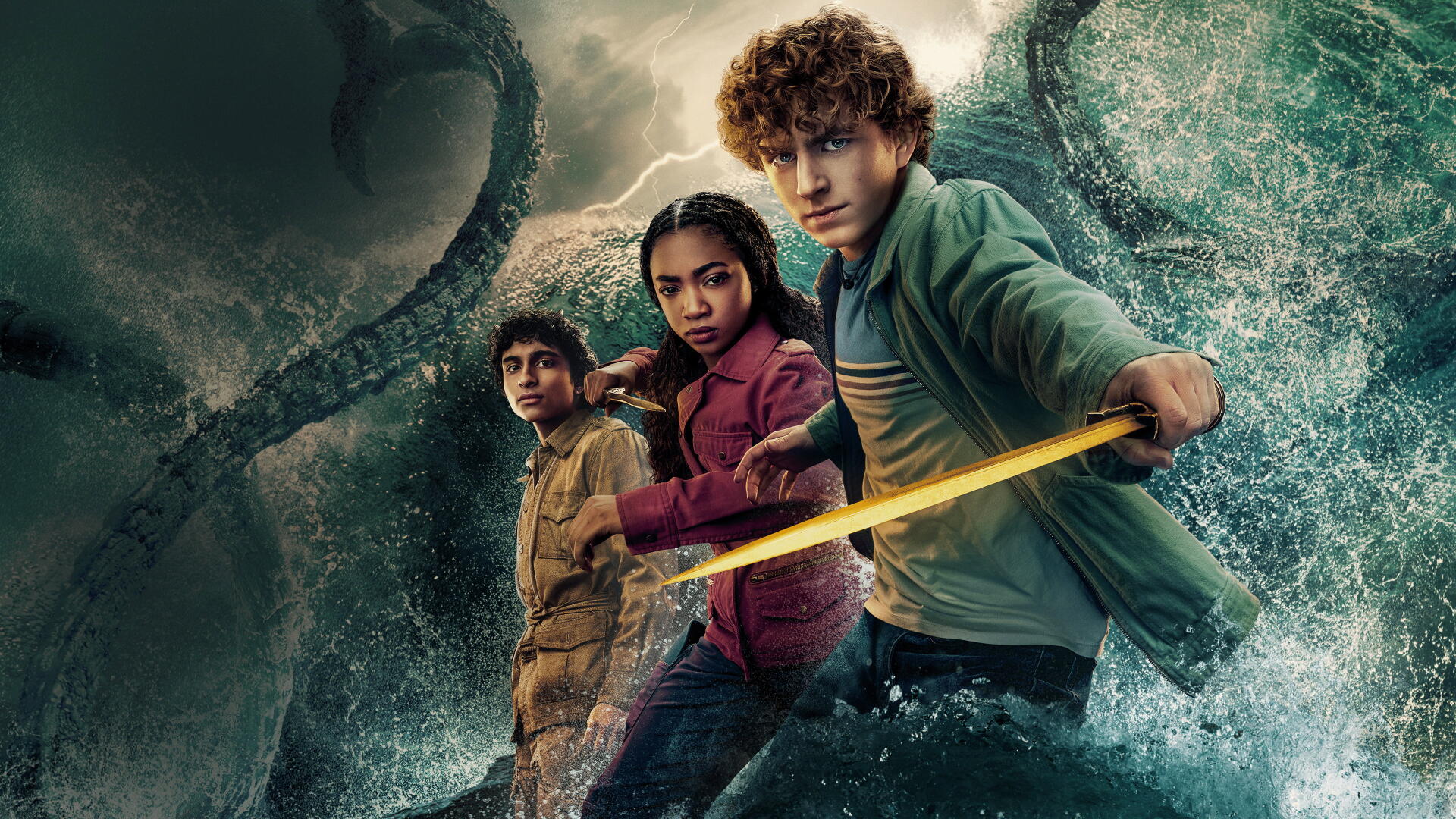 4K Ultra HD PC desktop wallpaper: Percy Jackson & the Olympians: The Lightning Thief — three young heroes face a giant sea monster as Percy wields a glowing sword.