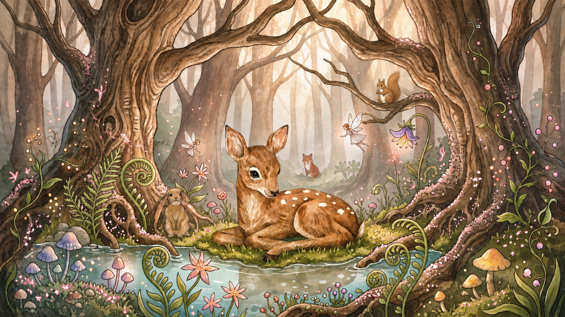 Whimsical forest fantasy 2K Quad HD PC desktop wallpaper: a cute magical fawn resting by a lily-strewn pool amid twisted trees, glowing mushrooms, butterflies and a fox in misty background.