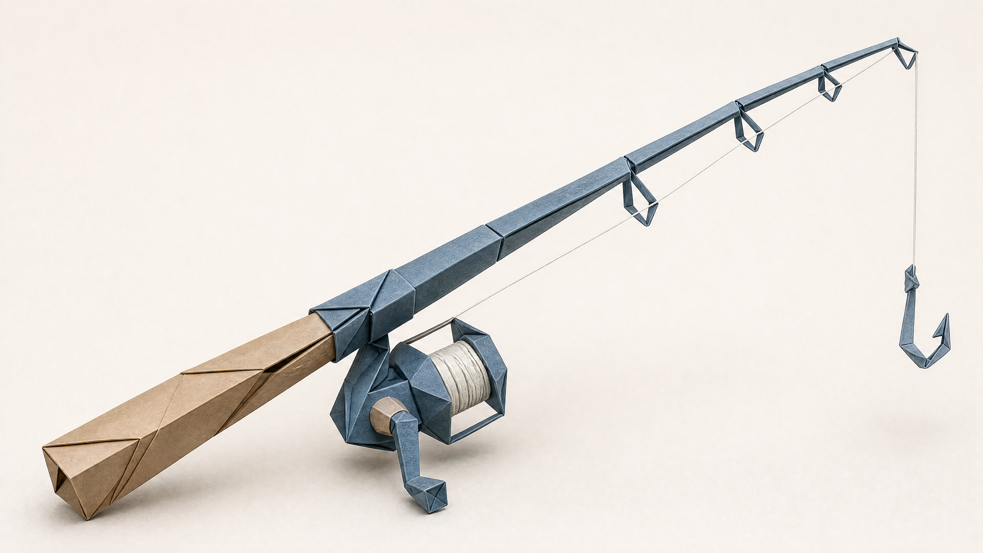 Low-poly fishing rod and fishing reel with dangling hook, rendered as 4K Ultra HD PC desktop wallpaper and background.