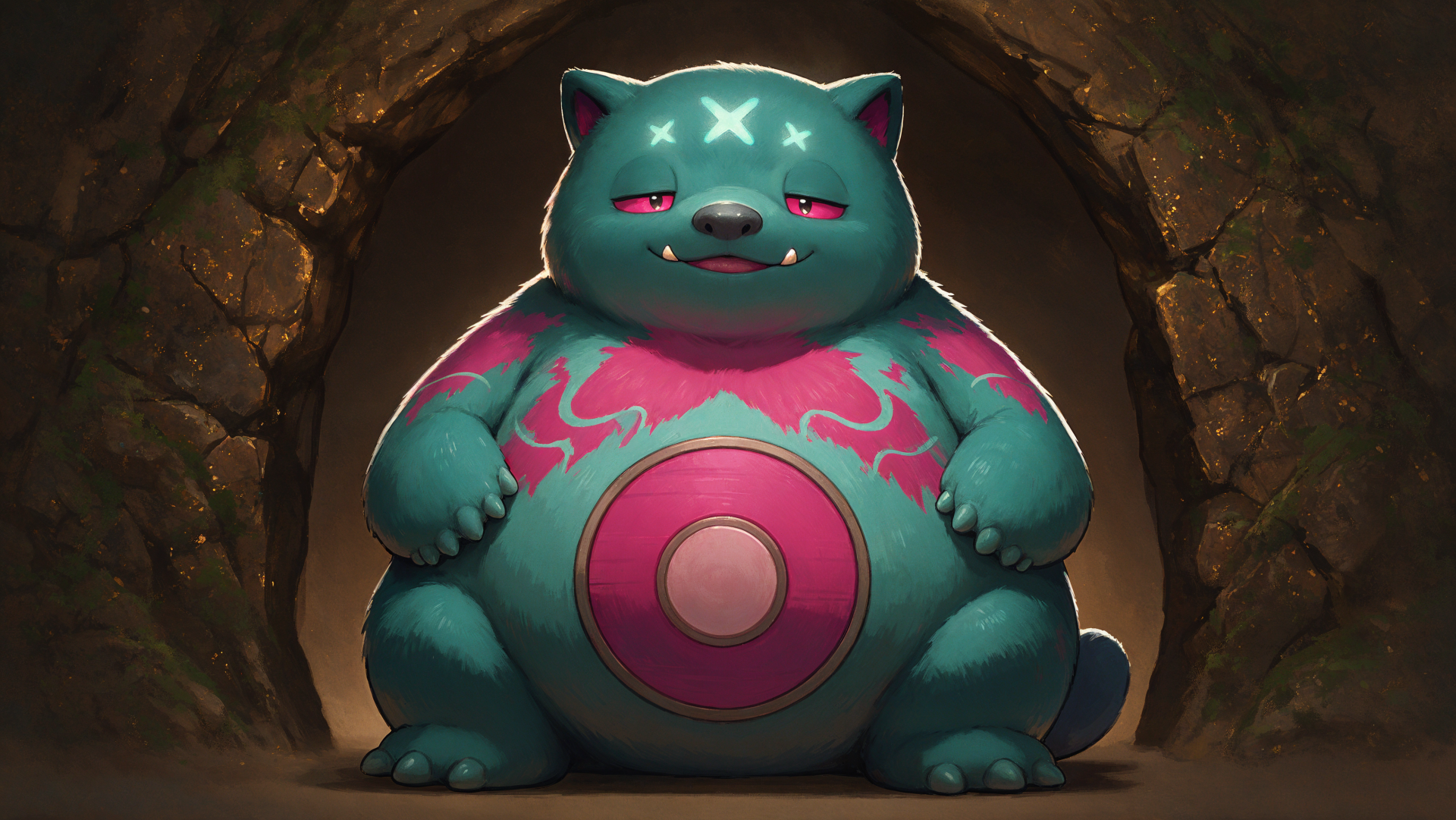 4K Ultra HD PC desktop wallpaper of a chubby teal-and-pink cartoon monster with a round belly, sleepy eyes and tribal markings, standing inside a dim, rocky cave entrance.