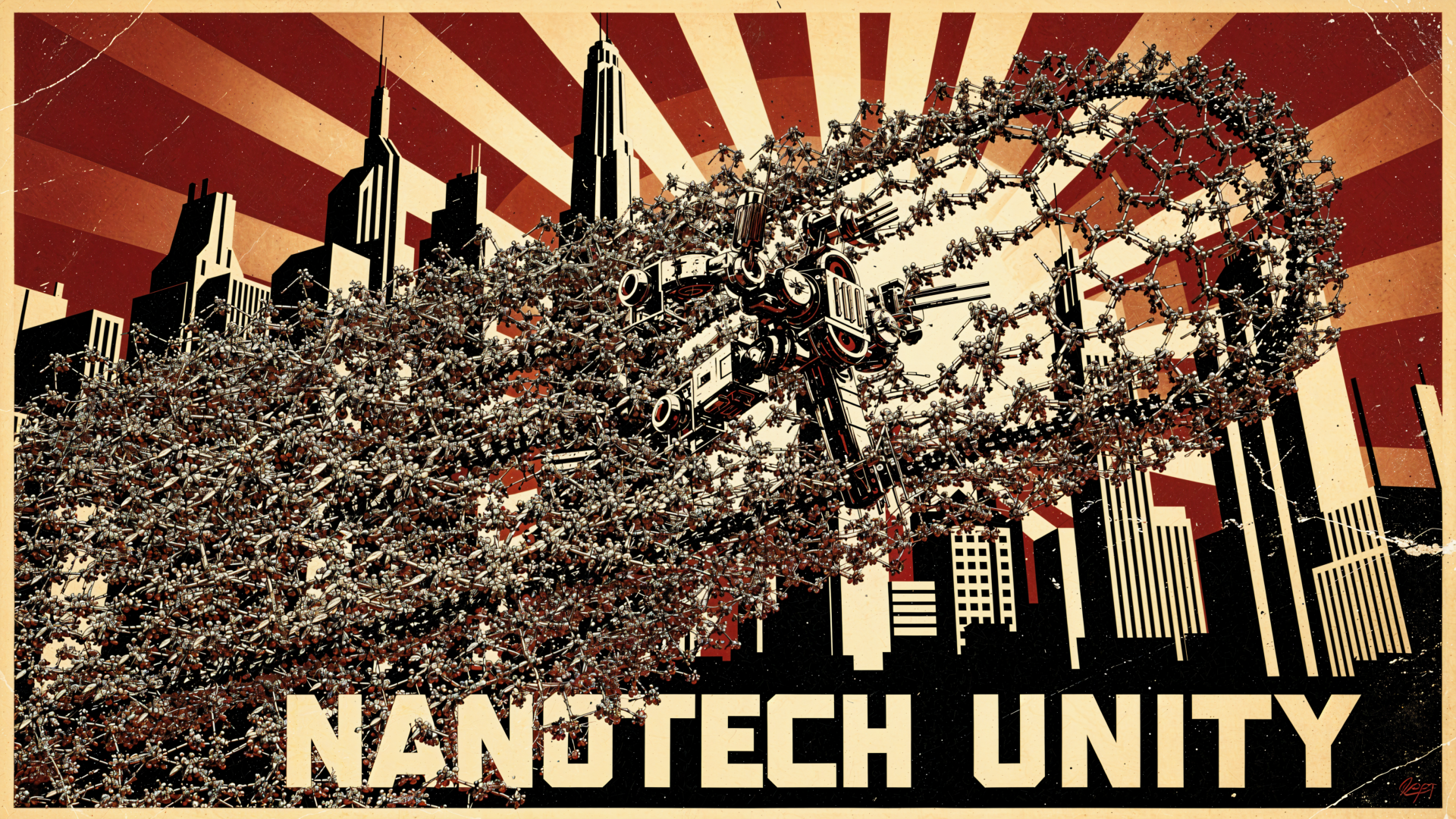 4K Ultra HD PC desktop wallpaper and background: futuristic cityscape skyline with a massive nanotech swarm forming a ring above skyscrapers, retro 'NANOTECH UNITY' banner.