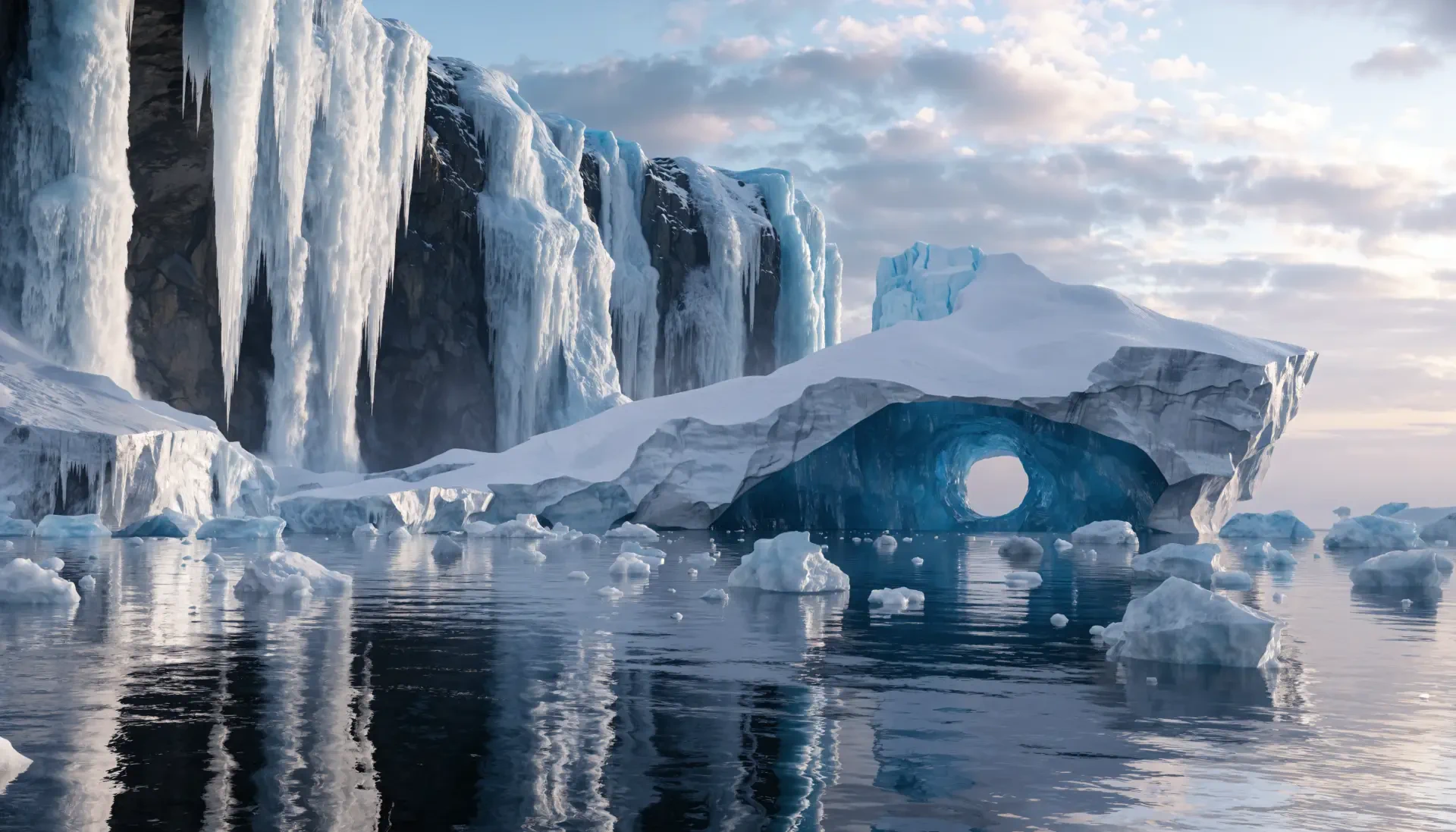 4K Ultra HD PC desktop wallpaper: iceberg and glacier ice formations with an arched ice cave reflected in calm polar waters beneath a soft pastel sky.