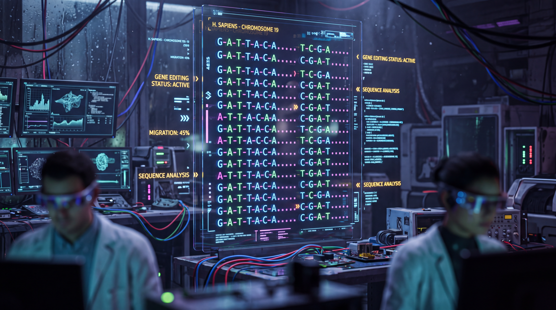 5K UHD desktop wallpaper of a high-tech data center lab: servers and monitors display genetic code on a central computer screen amid cables and technicians.