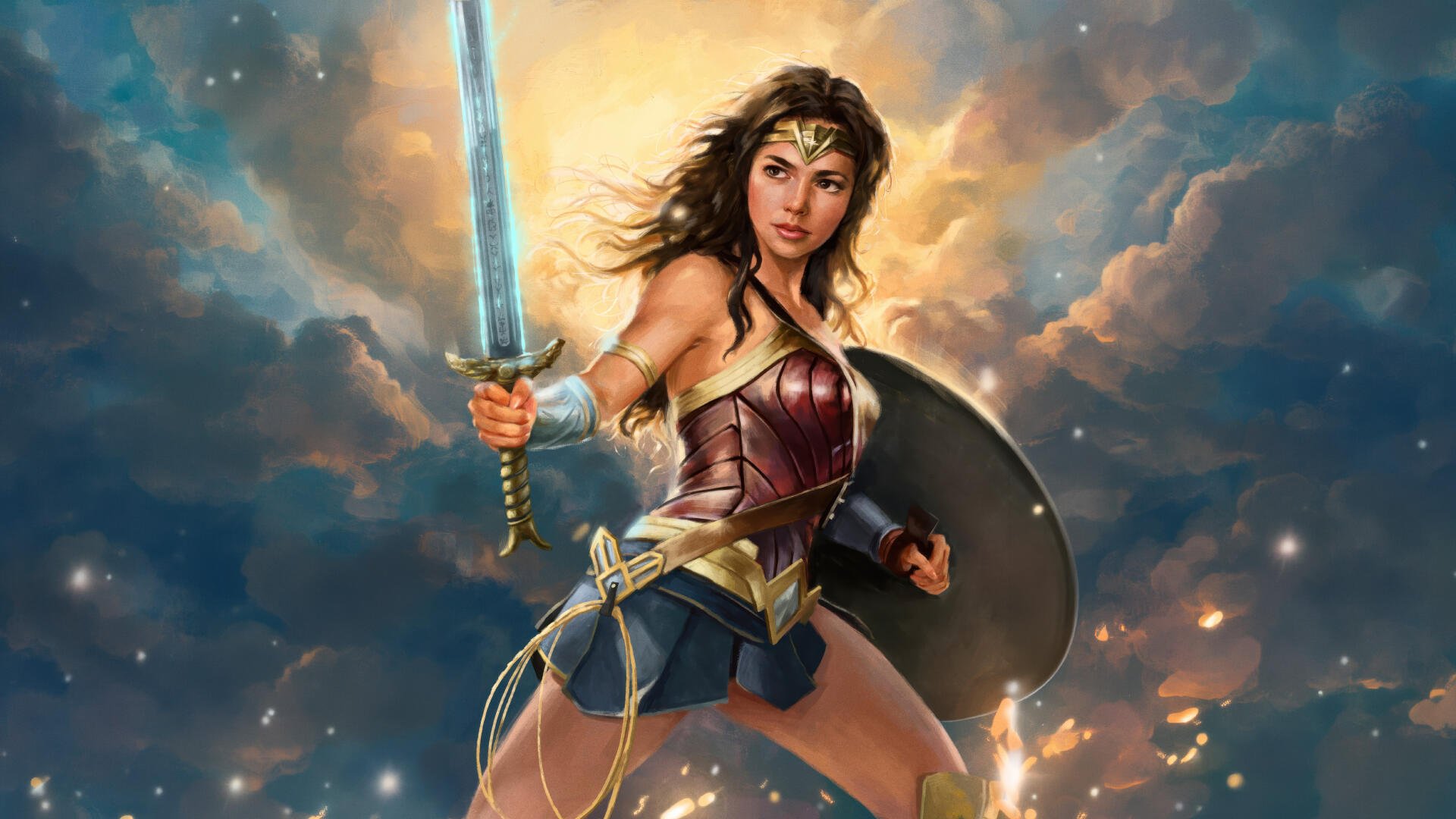 Wonder Woman digital art — armored superhero with glowing sword and shield in a dynamic pose against a stormy sky; 5K Ultra HD PC desktop wallpaper.