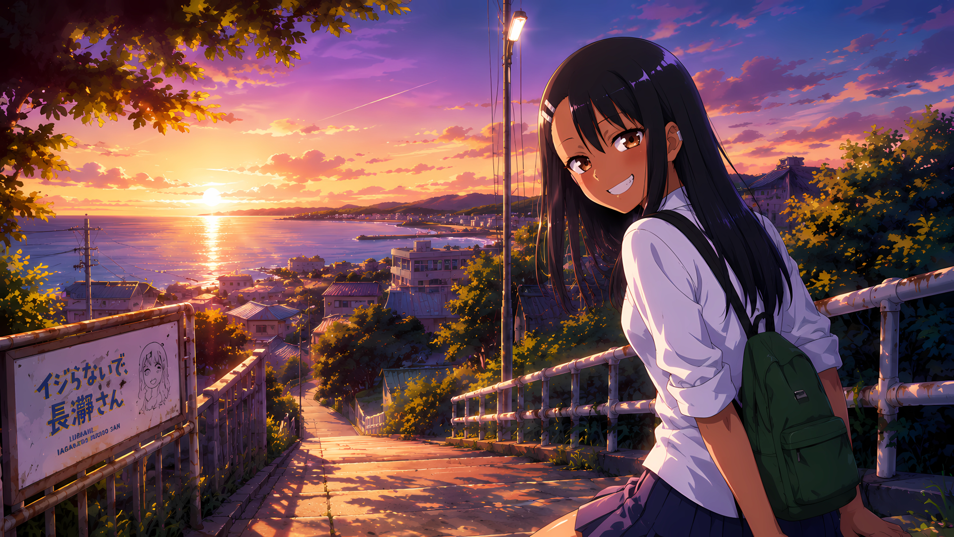 Hayase Nagatoro smiling over her shoulder on coastal stairs at golden sunset, vibrant colors and detailed 5K Ultra HD PC desktop wallpaper background.