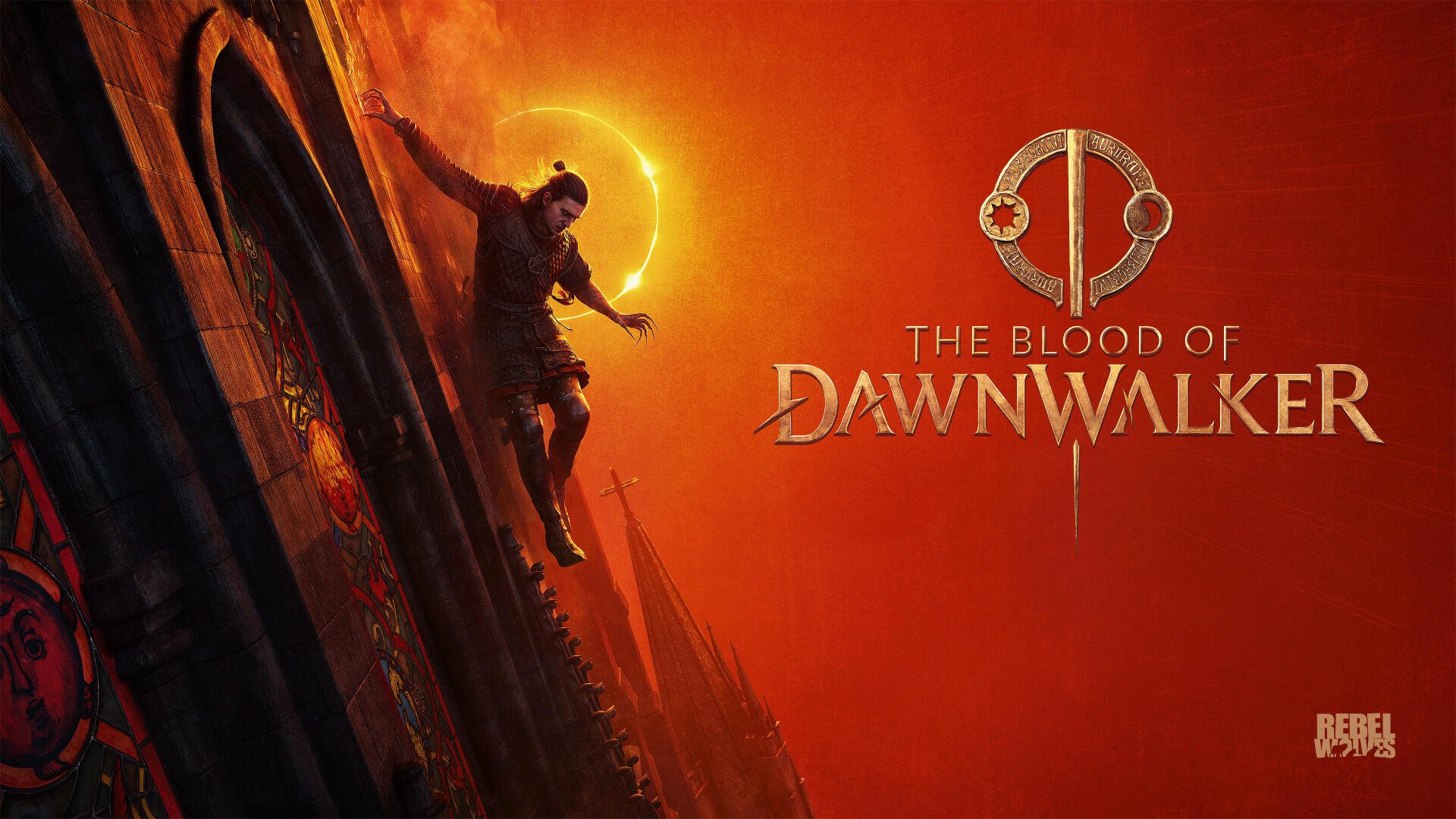4K Ultra HD video game poster The Blood of Dawnwalker — a warrior climbs a rooftop toward a blazing orange sun; game title and emblem at right. PC desktop wallpaper/background.