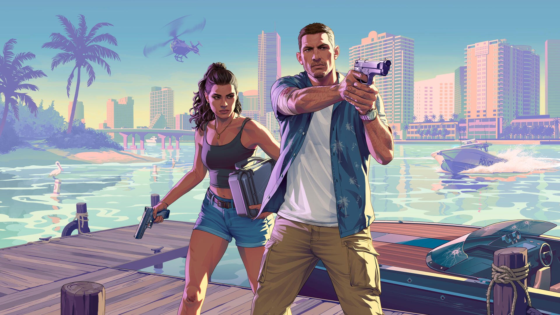 4K Ultra HD PC desktop wallpaper for the video game Grand Theft Auto VI: two armed characters on a sunlit waterfront pier with palm trees, boats, and a city skyline, both holding guns.