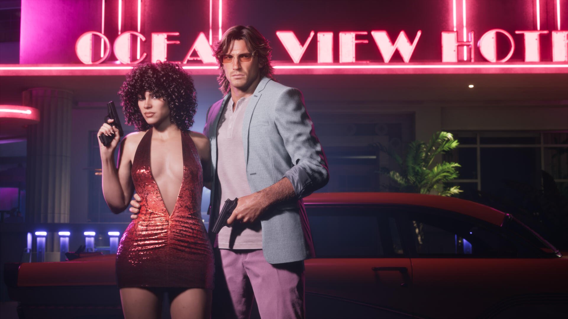 Grand Theft Auto VI video game / Grand Theft Auto 4K Ultra HD PC desktop wallpaper: neon-lit motel scene with a couple — woman in a red dress and a man holding guns.