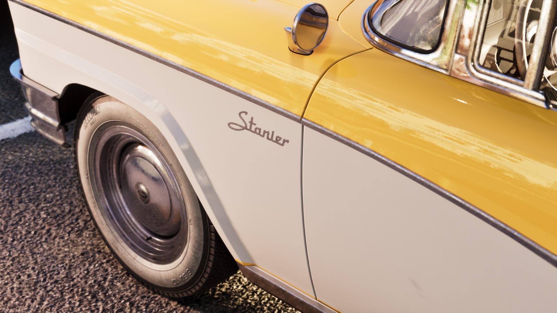 Close-up of a yellow-and-cream vintage car door and wheel, Grand Theft Auto VI video game 4K Ultra HD PC desktop wallpaper
