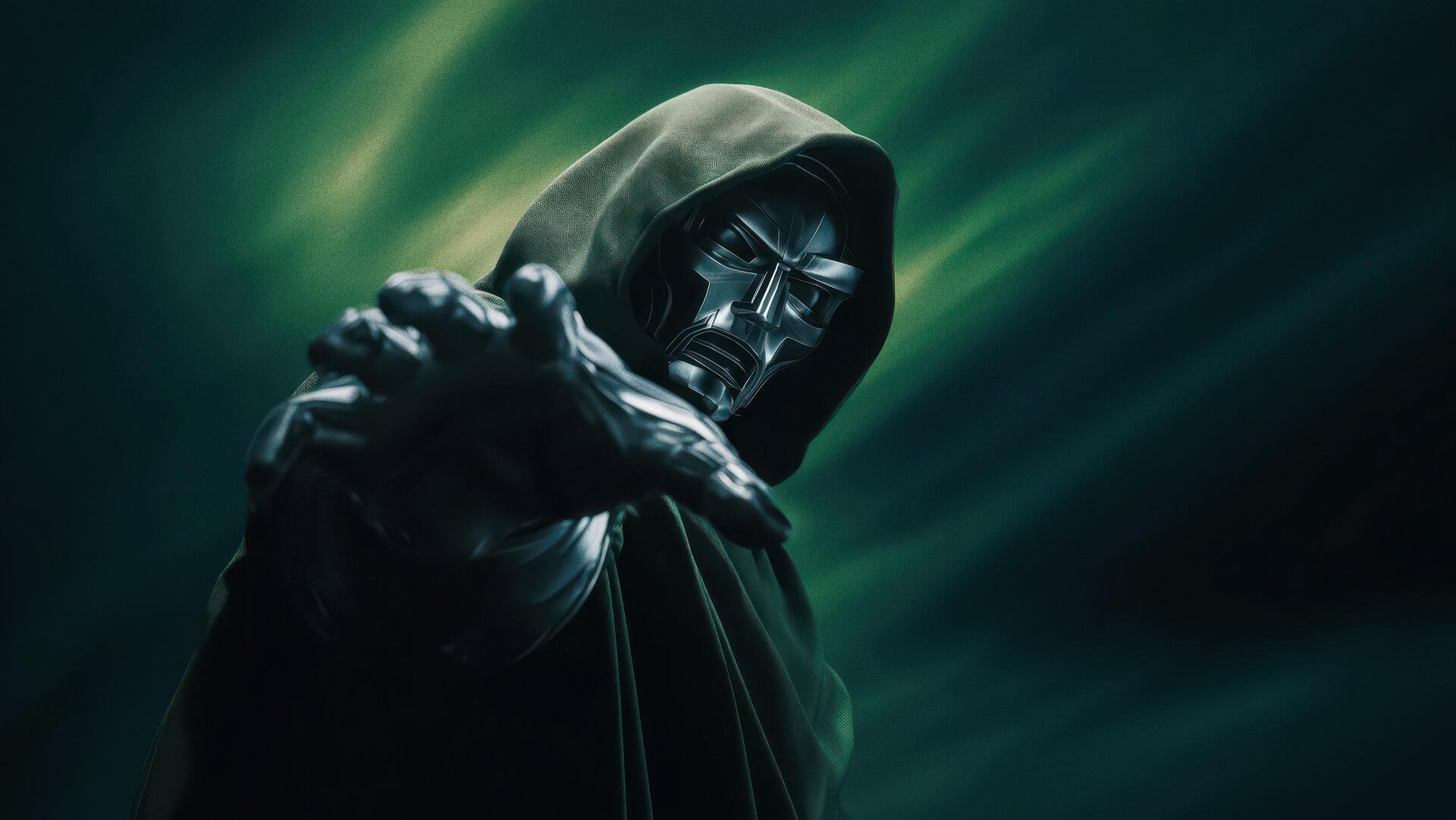 Doctor DoomD (Marvel Comics) reaches from shadow in a green mist, metallic mask and hooded cloak — digital art, 4K Ultra HD PC desktop wallpaper/background.