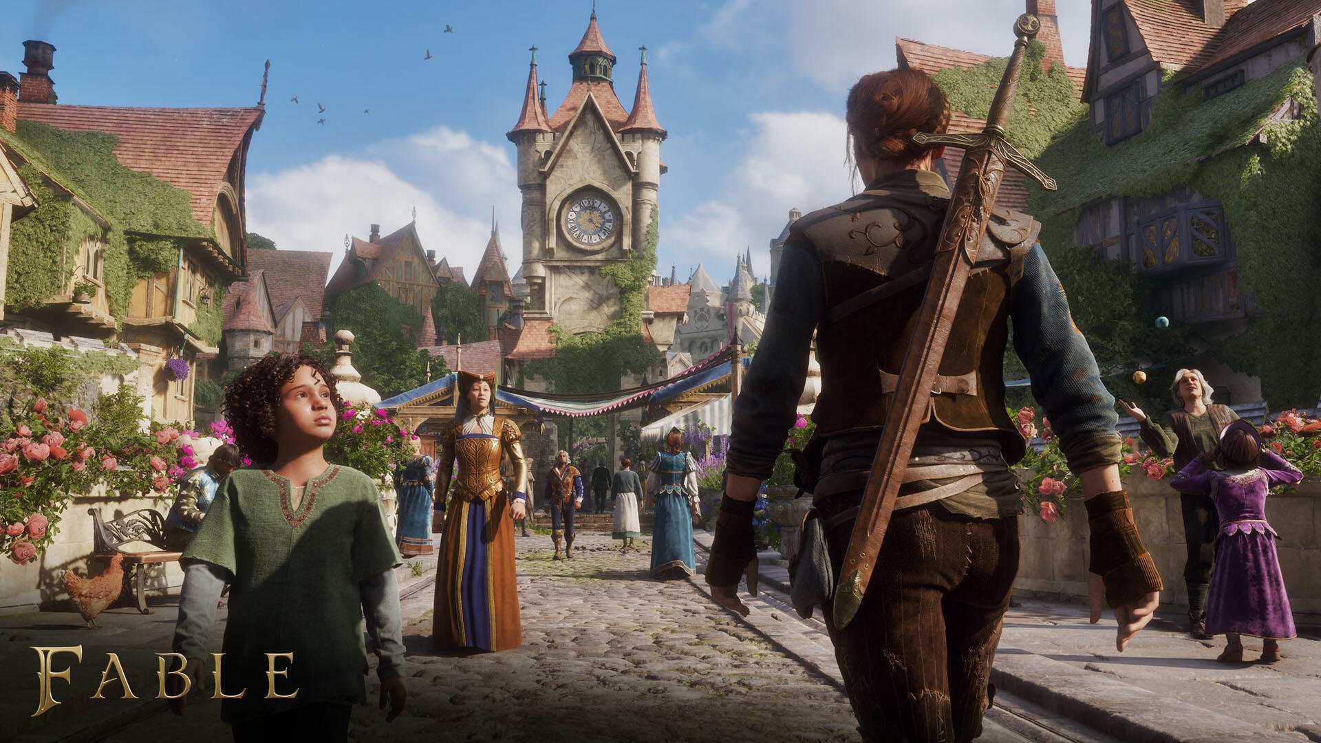 Fable (2027) video game HD PC desktop wallpaper: a sword-armed hero strides through a bustling village square toward a clock tower as townsfolk and a child look on beneath a bright sky.