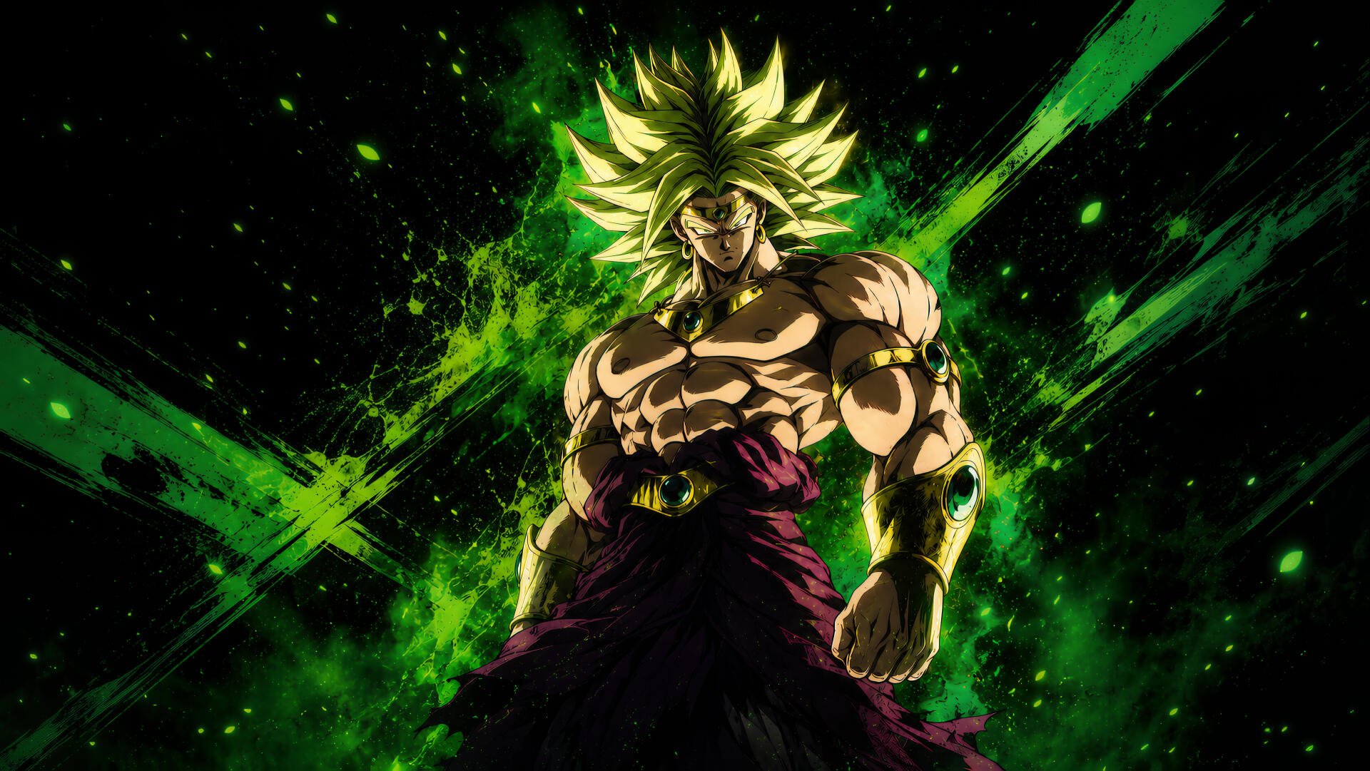 Broly (Dragon Ball) anime 4K Ultra HD PC wallpaper/background: towering Super Saiyan with spiky green hair and a crackling neon-green energy aura against a dark, explosive backdrop.