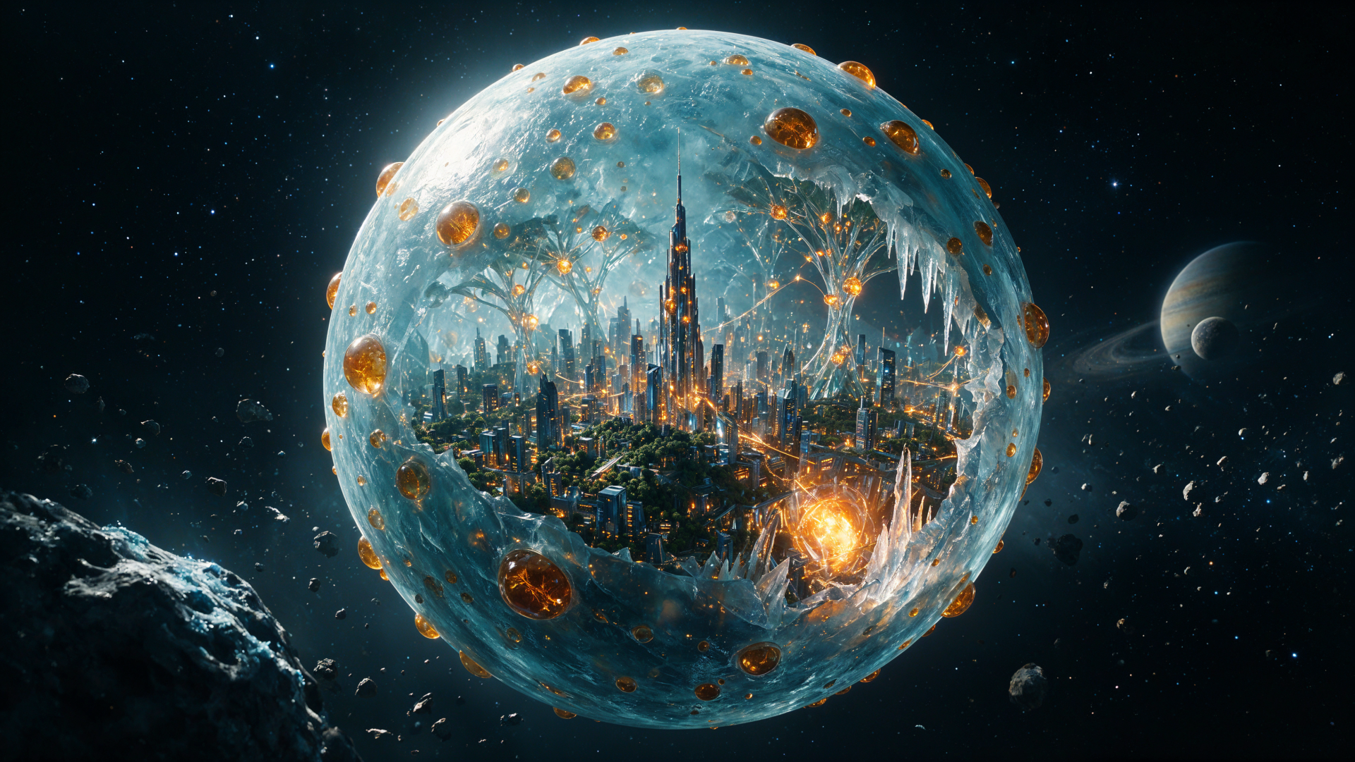 4K Ultra HD PC desktop wallpaper: a crystalline sphere-planet enclosing a luminous cityscape with spires, glowing craters, drifting asteroids and distant moons in a starfield.