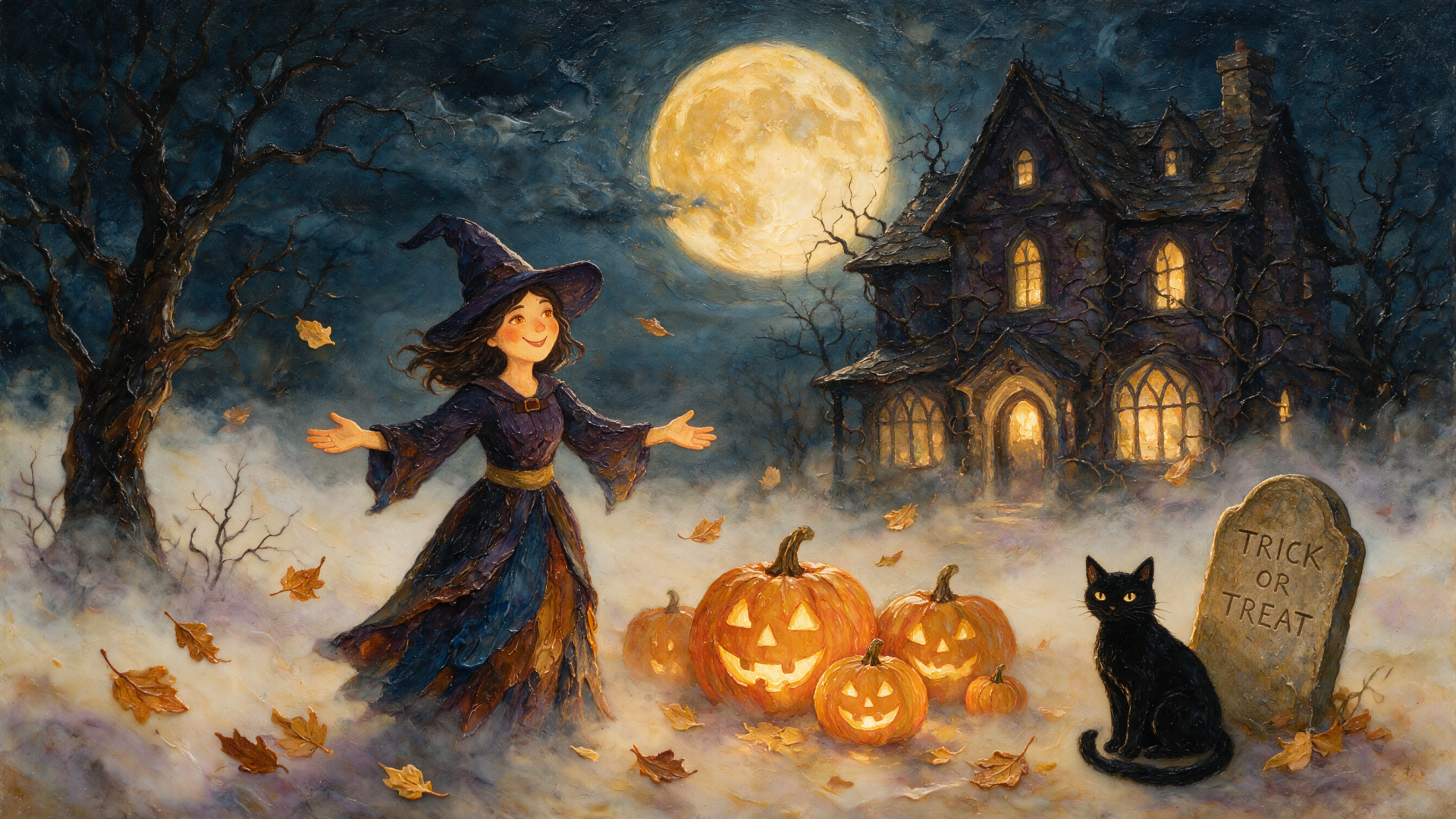 2K Quad HD PC desktop wallpaper: a smiling witch in a moonlit Halloween scene with glowing pumpkins, a black cat, falling leaves and a spooky haunted house in the background.