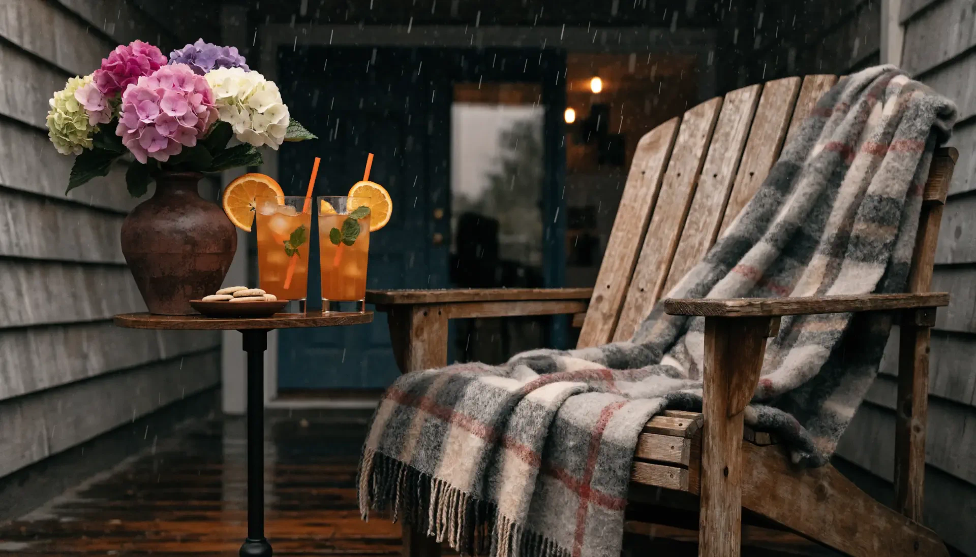 End-of-summer patio scene: wooden chair draped with a plaid blanket, rain falling, two iced drinks on a small table — 2K Quad HD PC desktop wallpaper/background.