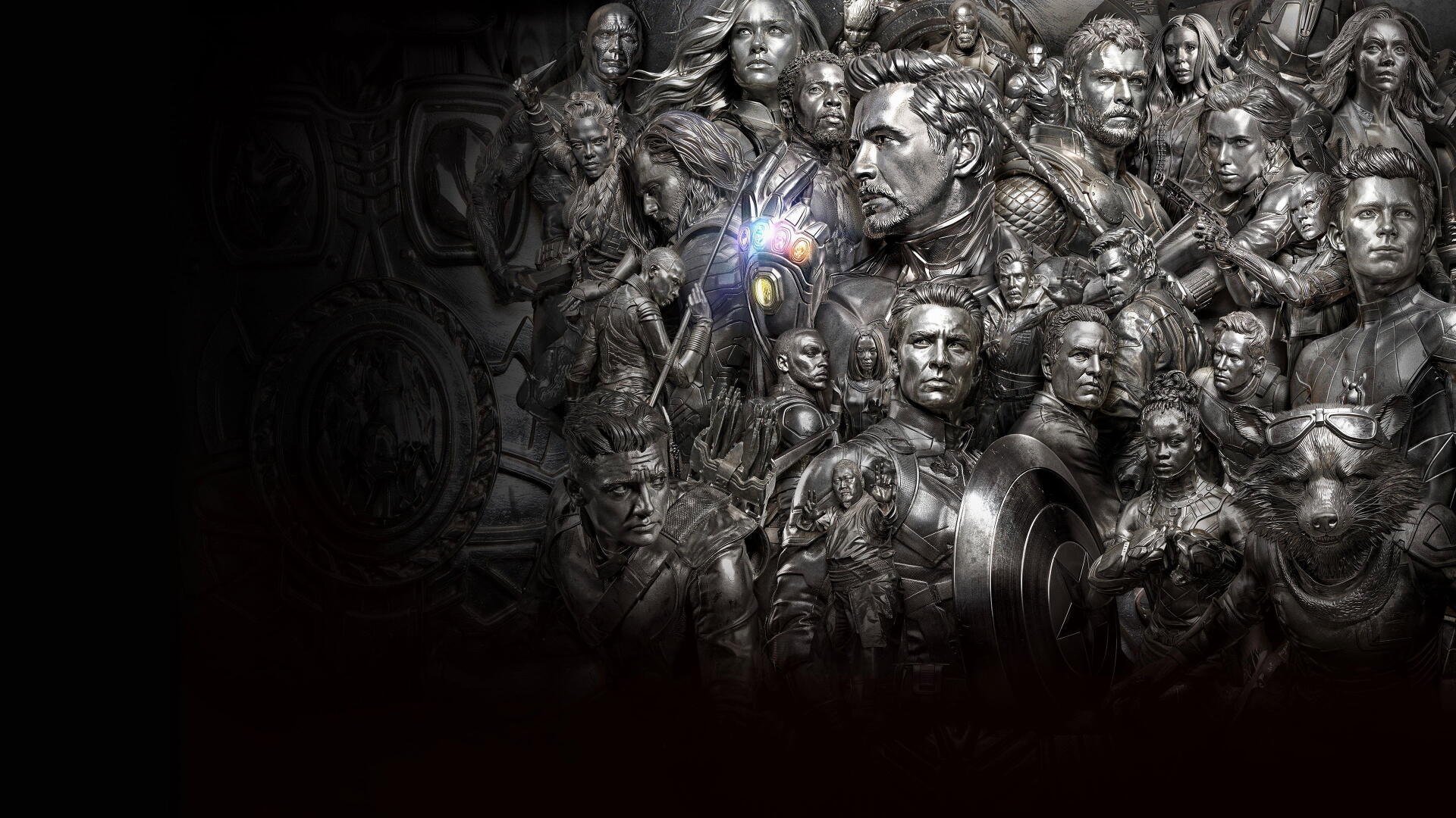 Avengers EndGame 4K Ultra HD PC desktop wallpaper — sculpted grayscale collage of Avengers heroes clustered around a glowing Infinity Gauntlet set against a dark, dramatic background.