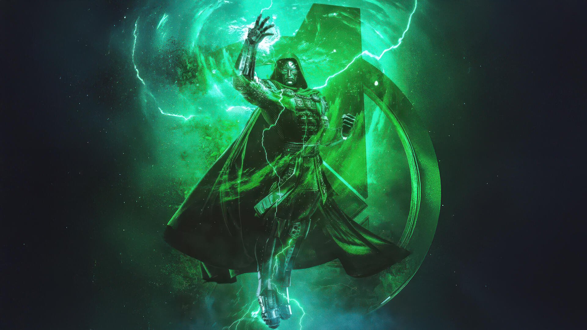 4K Ultra HD PC desktop wallpaper: Doctor Doom levitates in a storm of green energy before a cracked Avengers emblem — Avengers: Doomsday artwork.