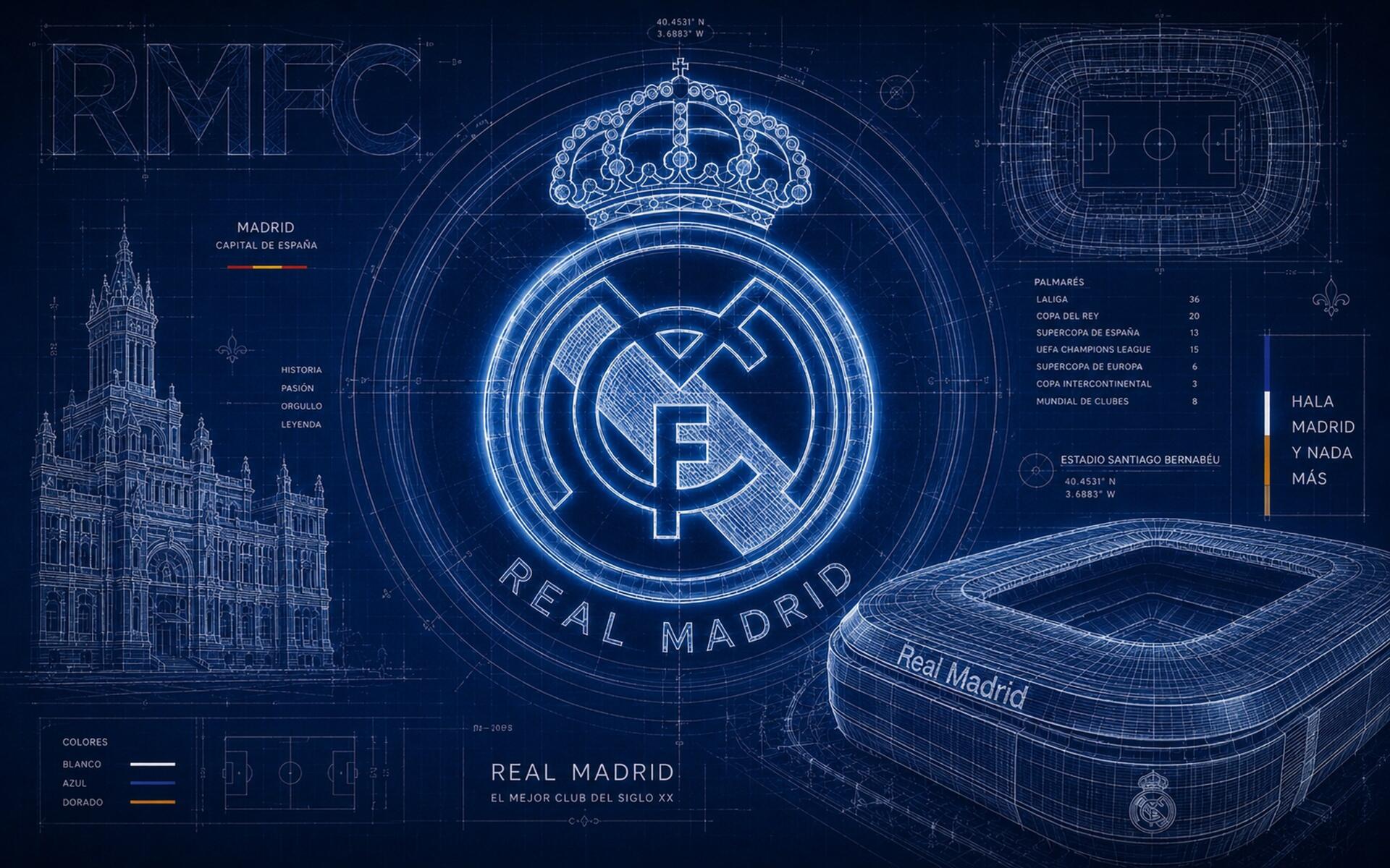 Blueprint-style 4K Ultra HD PC desktop wallpaper of Real Madrid C.F. crest, stadium and city landmarks in neon-blue soccer sports schematic.