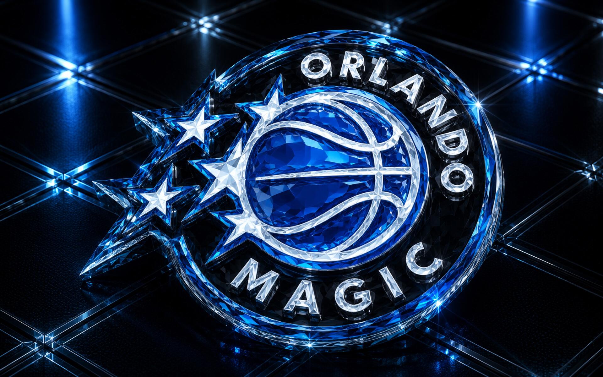 Orlando Magic NBA logo rendered in icy blue crystal with glowing stars and a basketball on a reflective 4K Ultra HD PC desktop wallpaper background.