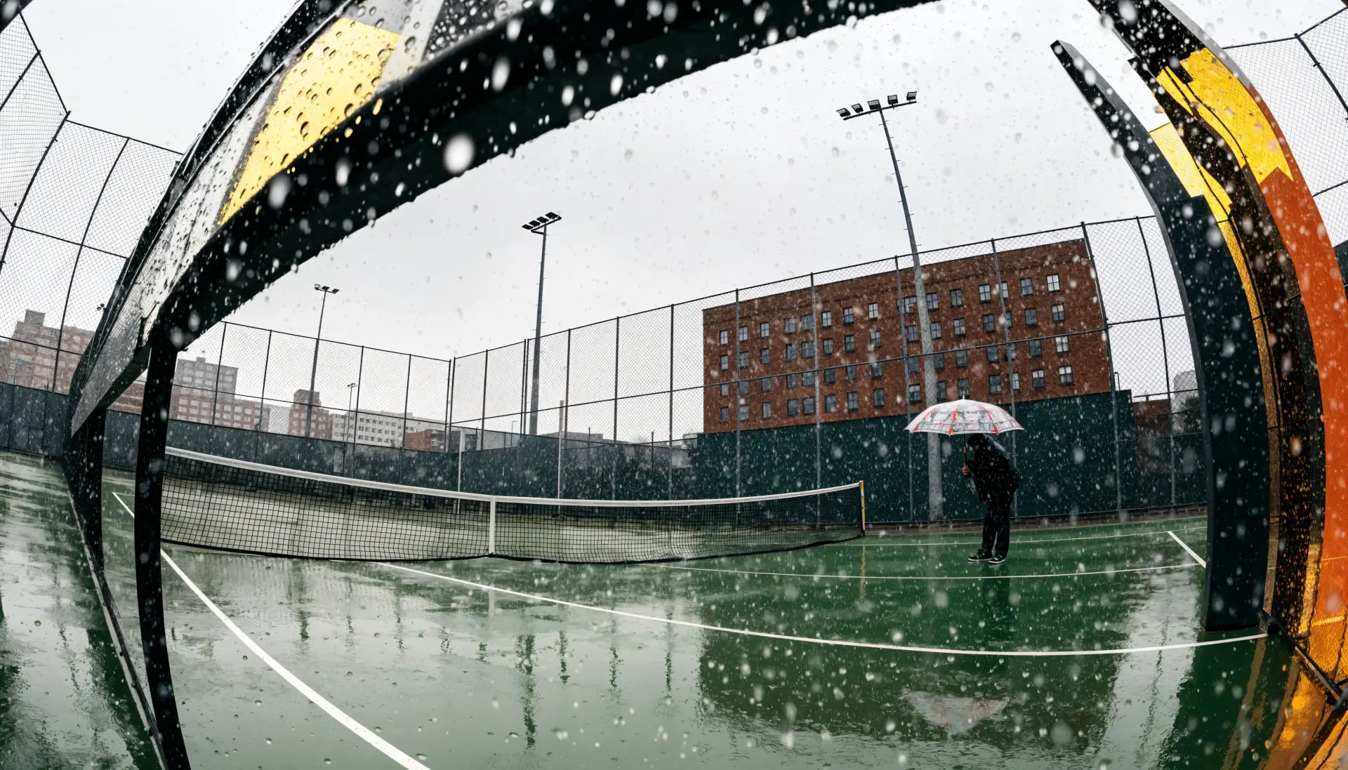 4K Ultra HD PC desktop wallpaper/background: snowy urban tennis court in fisheye view, wet green surface, net and a lone figure holding an umbrella as snow falls.