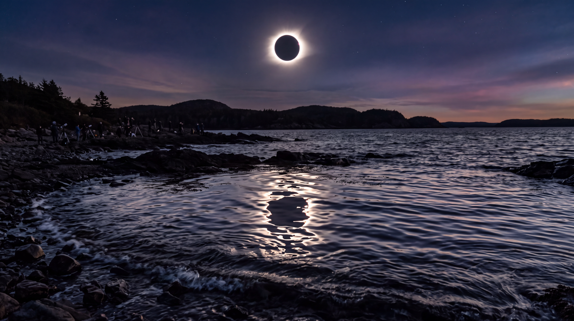 5K Ultra HD PC desktop wallpaper: total solar eclipse over a dark ocean, glowing corona above a silhouetted coastline and shimmering eclipse reflection on the waves.