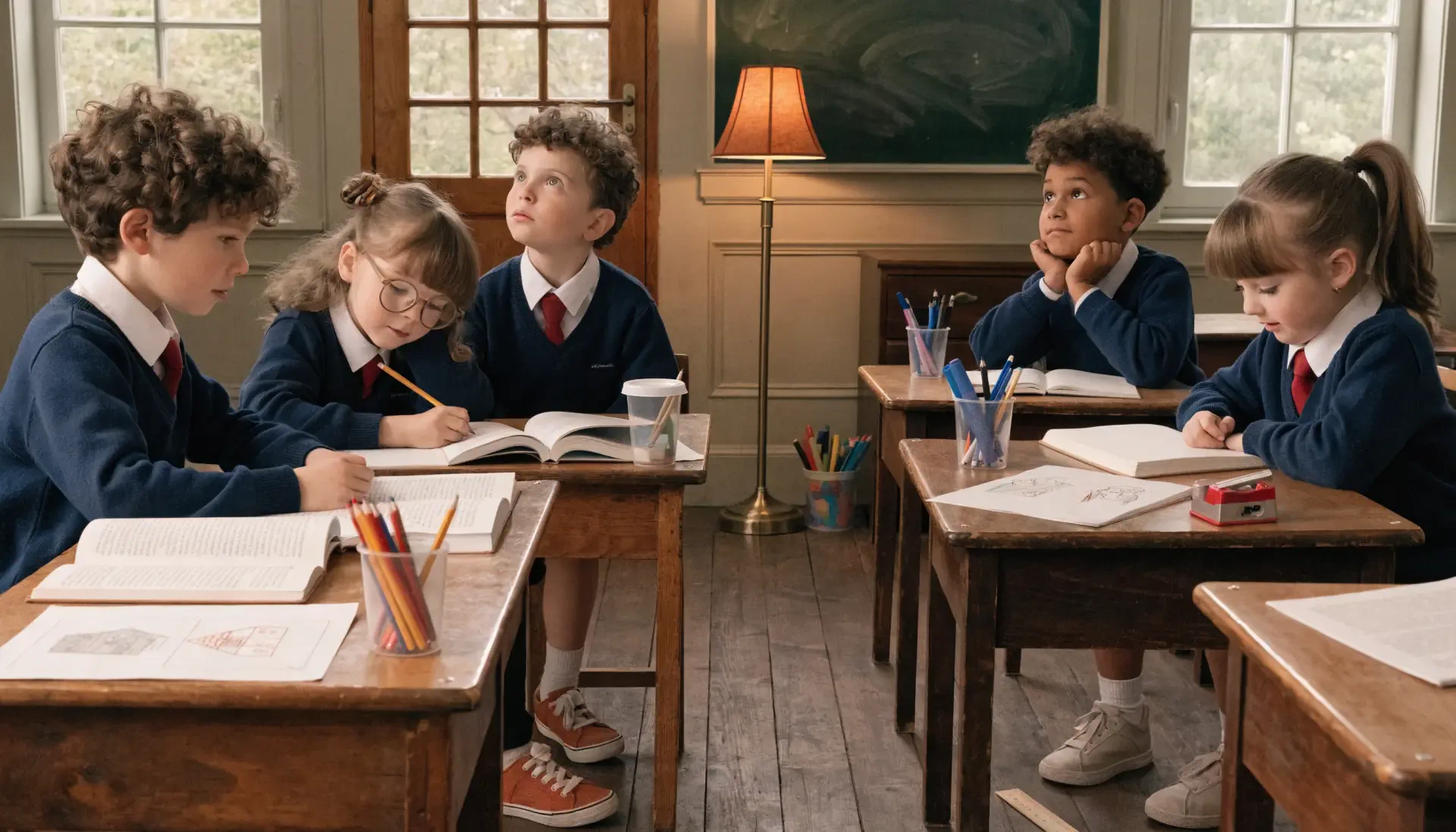 Cute school classroom scene: five students in uniform at wooden desks with books, pencils, chalkboard and lamp — 2K Quad HD PC desktop wallpaper.