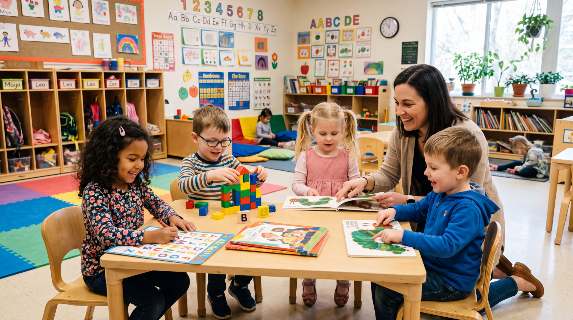 Cute school classroom 5K Ultra HD PC desktop wallpaper: a teacher reads while four young students play with blocks and puzzles at a bright, colorful elementary classroom table.