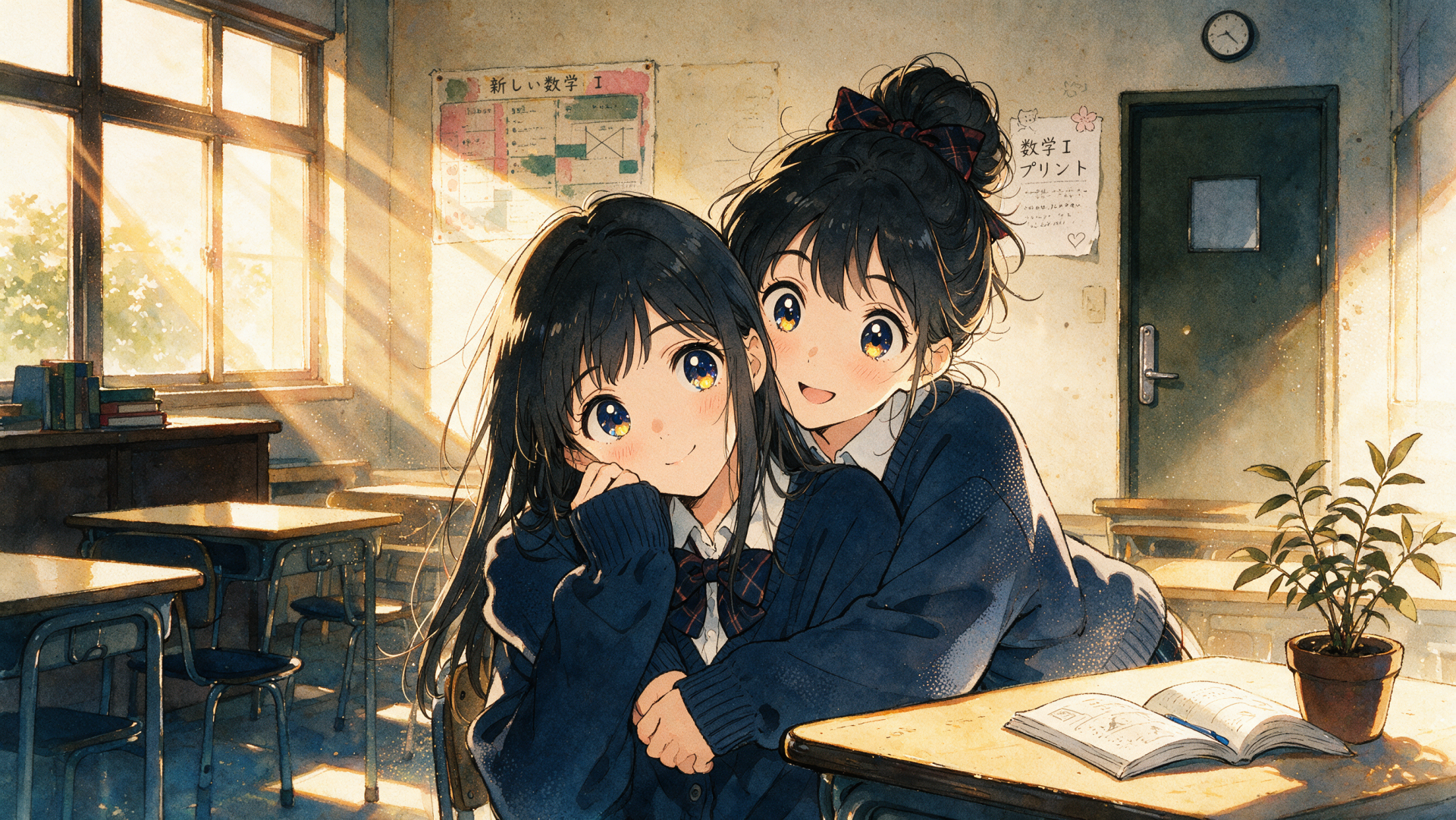 2K Quad HD PC desktop wallpaper — anime school aesthetic: two schoolgirls in navy uniforms hug at a sunlit classroom desk, open book on the table.