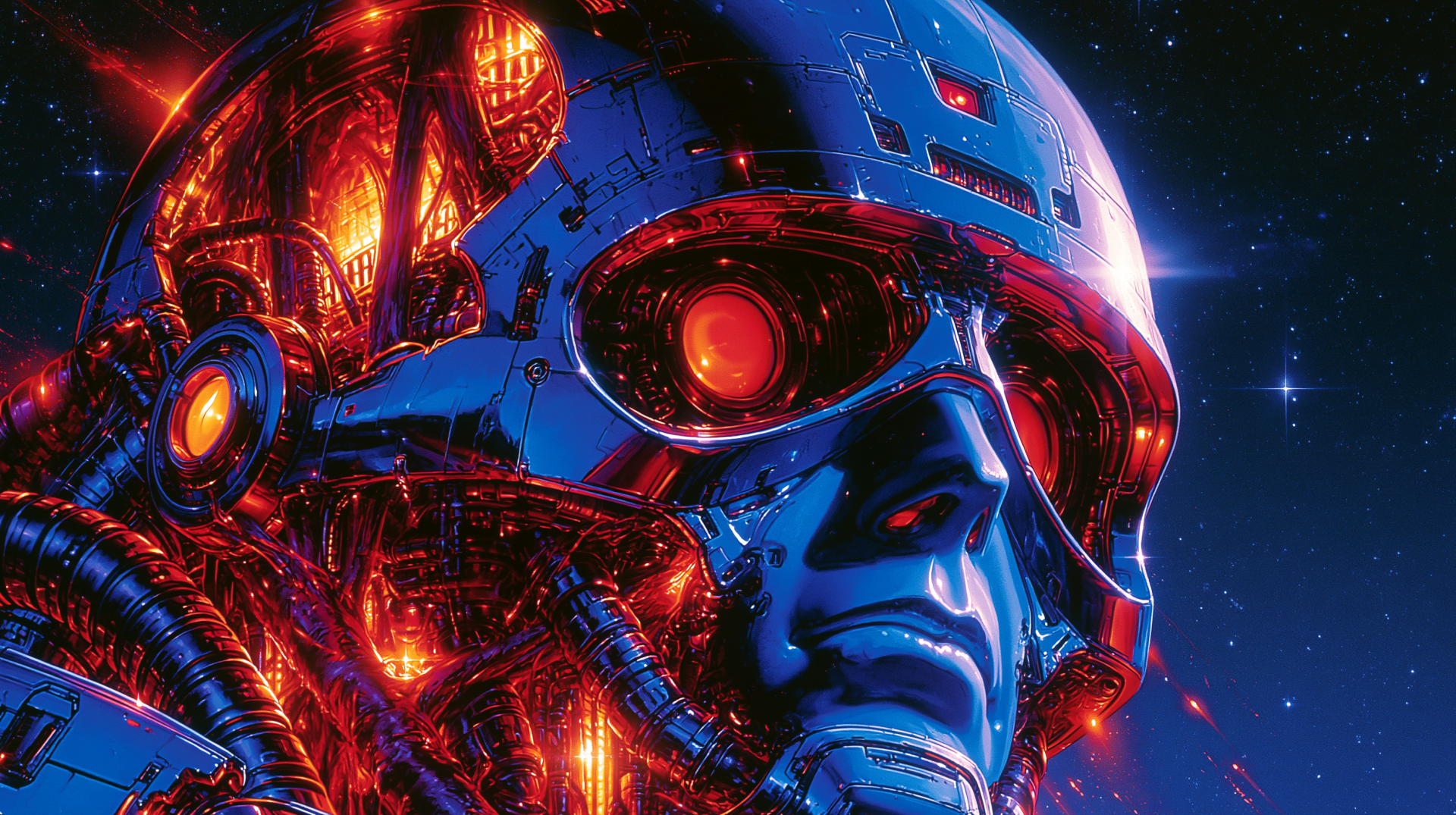 Sci-Fi 2K Quad HD PC desktop wallpaper: close-up of a glowing red and blue robot cyborg/android face with exposed circuitry and a mechanical eye against a starry space background.