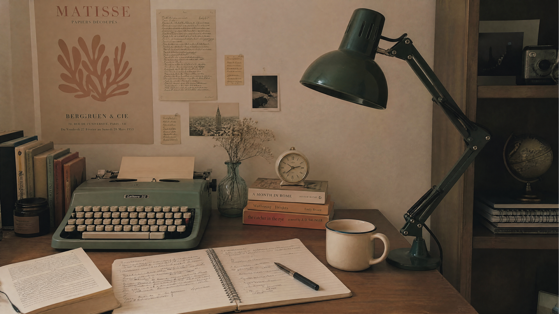 4K Ultra HD PC desktop wallpaper: cozy study aesthetic with vintage typewriter, angled desk lamp, open notebook and pen on wooden desk beside mug and stacked books.