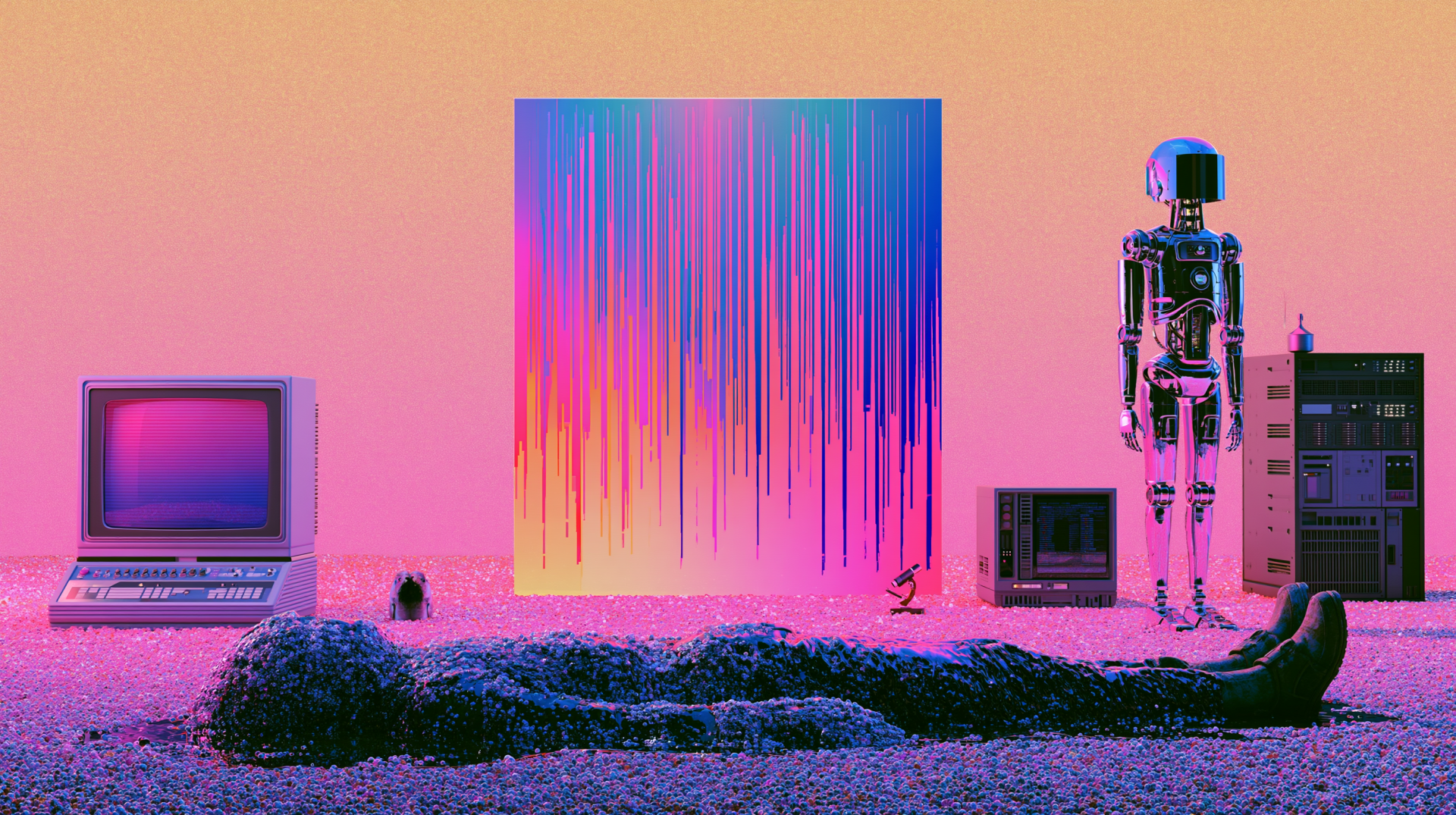 Retro-futurist 2K Quad HD PC Desktop Wallpaper and Background: glitch-neon scene with vintage computers, a standing robot and a prone human figure, exploring humanity in surreal gradients.