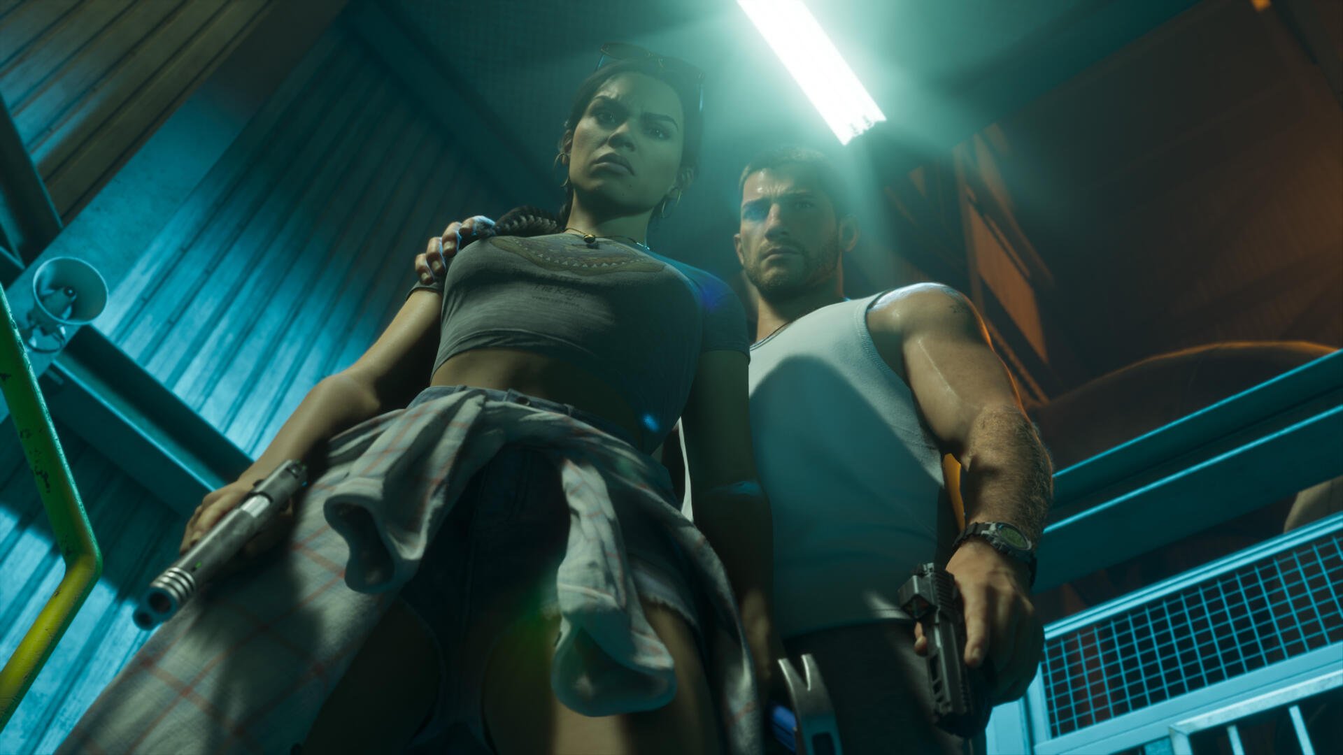 Grand Theft Auto VI 4K PC wallpaper: Jason and Lucia stand in a neon stairwell, guns drawn, a gritty video game duo for a desktop background.