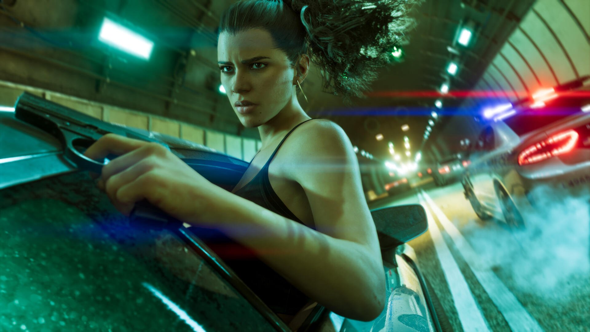 Lucia from Grand Theft Auto VI leans on a car in a neon-lit tunnel chase — woman character, 4K Ultra HD Grand Theft Auto video game desktop wallpaper.