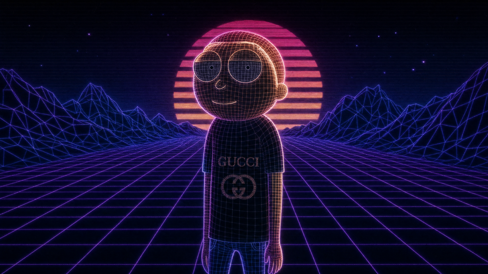 Gucci Morty meme avatar in neon retro-wave grid with wireframe mountains and sunset — 4K Ultra HD PC desktop wallpaper background.