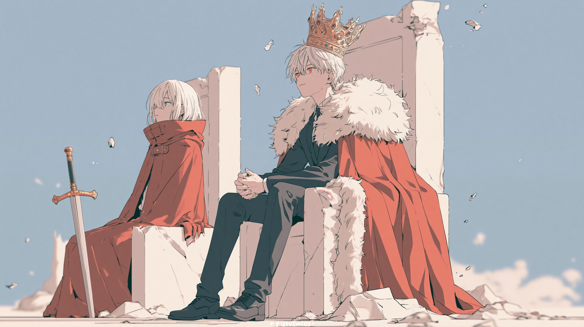 Anime 2K Quad HD PC desktop wallpaper: crowned king in a fur-lined cape on a crumbling throne, sword nearby, with a cloaked companion against a pale sky.