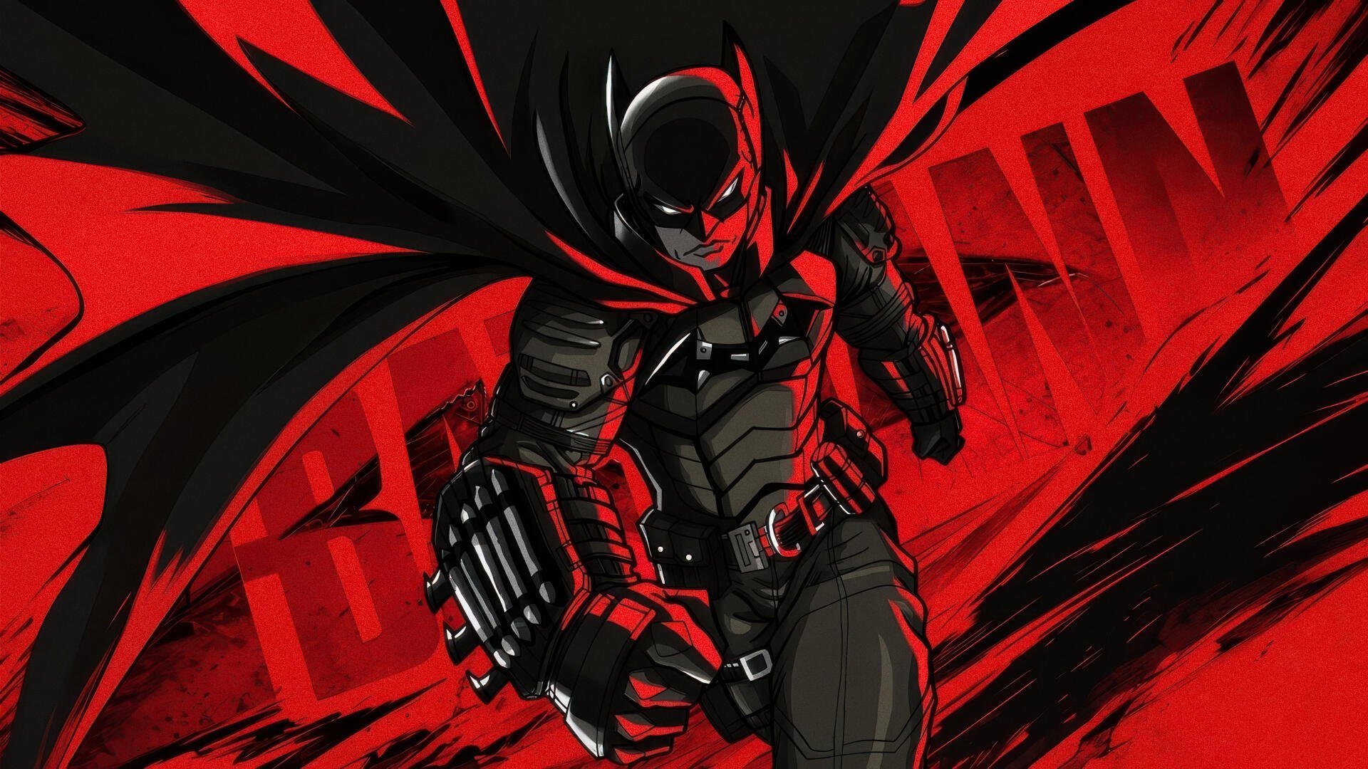 Batman in red-and-black digital art, armored with cape billowing—dynamic 4K Ultra HD PC desktop wallpaper/background featuring the iconic superhero.