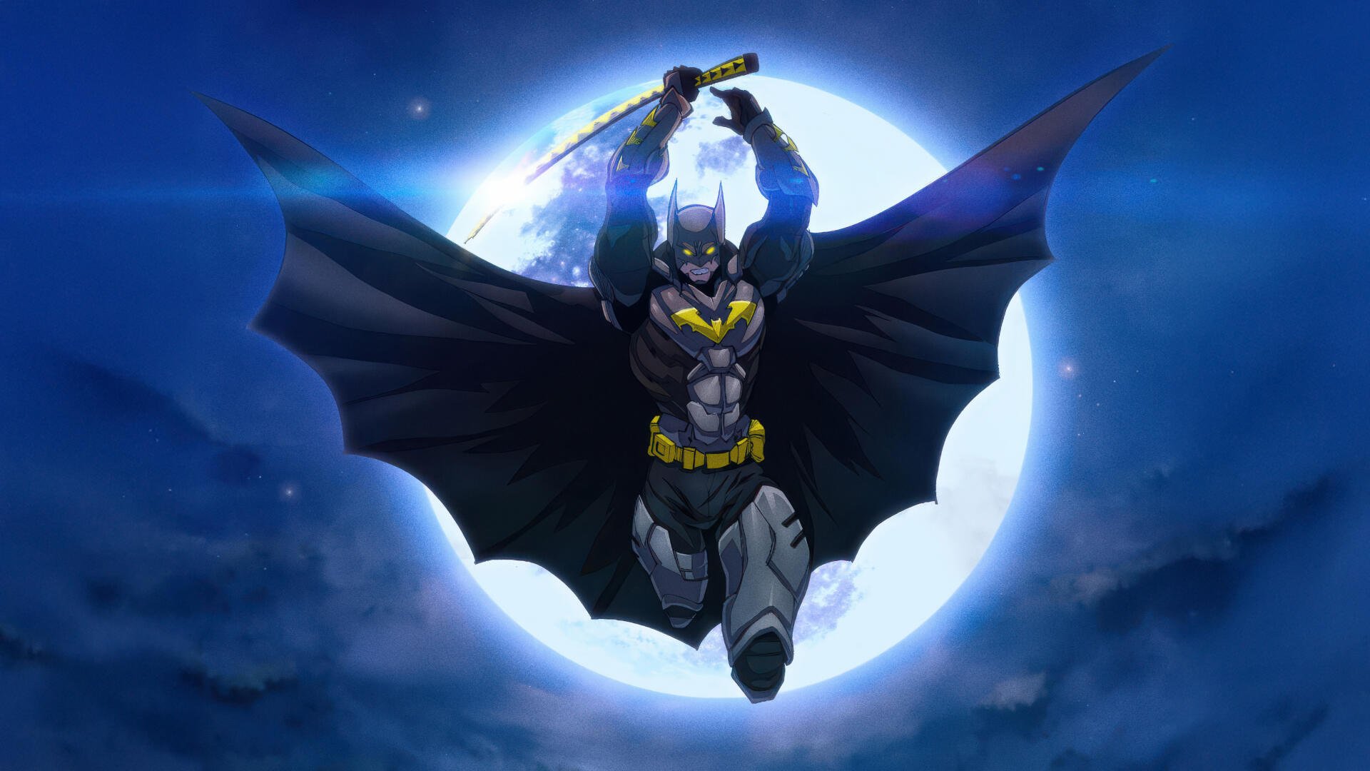 5K Ultra HD digital art PC wallpaper: Ninja Batman superhero leaps with sword before a glowing full moon, cape unfurled like wings.