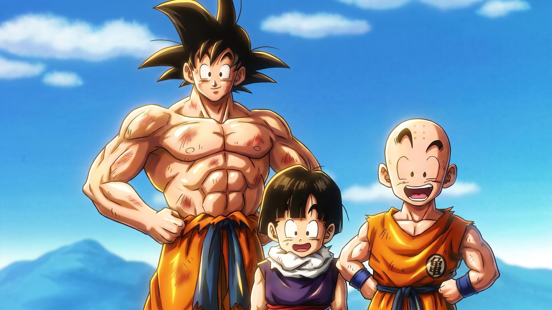 HD anime desktop wallpaper of Dragon Ball Z: Goku stands behind young Gohan and Krillin, all smiling together against a bright blue sky.