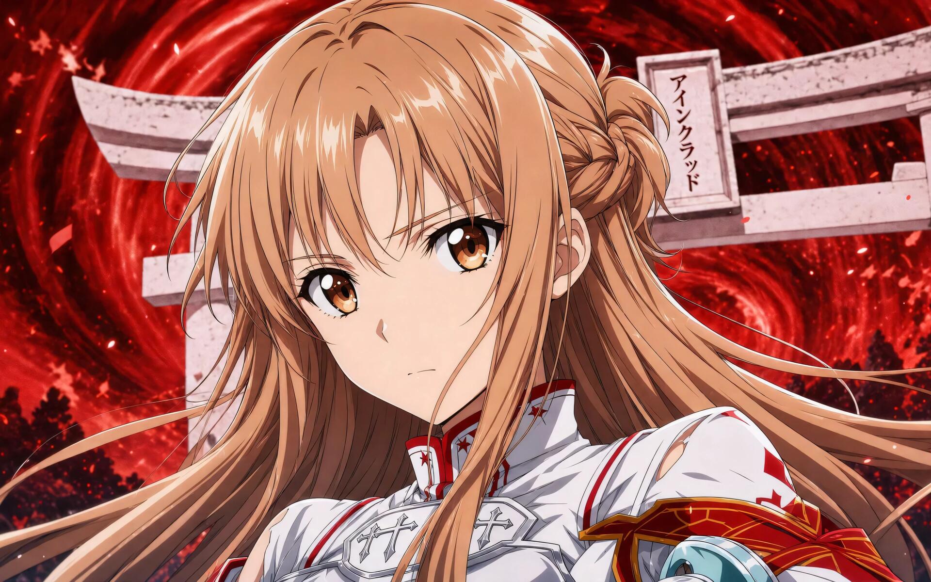 Yukki Asuna anime portrait in ornate white armor, braided auburn hair and focused expression against a swirling crimson vortex — 4K Ultra HD PC desktop wallpaper.