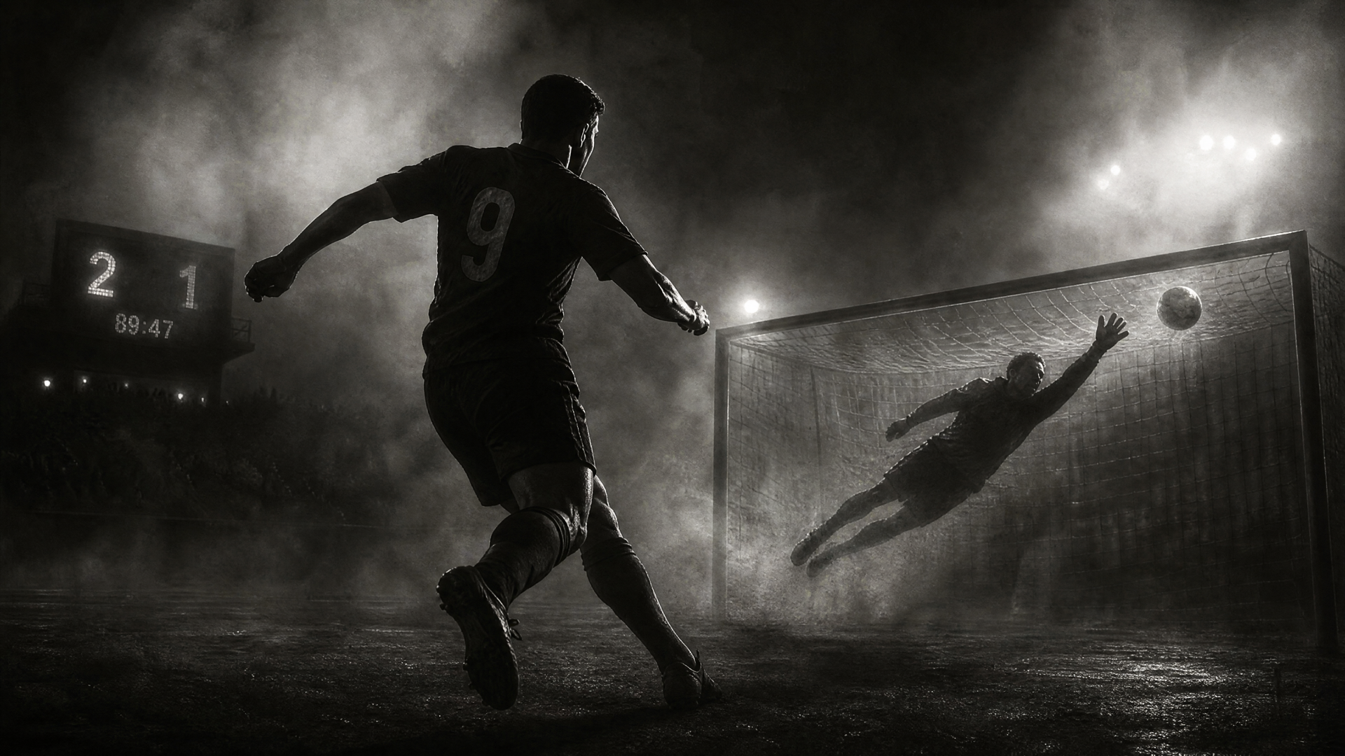 4K Ultra HD PC desktop wallpaper: dramatic black-and-white soccer scene — player (#9) shoots, ball arcs toward goal as goalkeeper dives, scoreboard glowing 2-1.