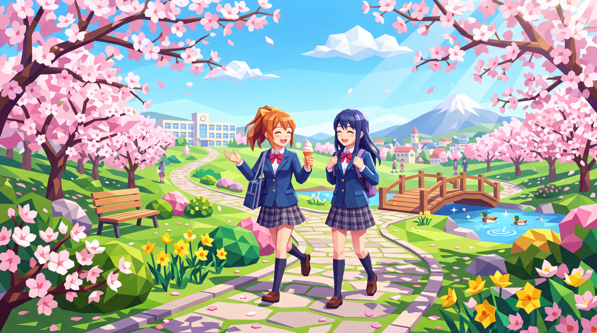 5K Ultra HD PC desktop anime wallpaper: two cheerful schoolgirls in uniforms walking under cherry blossoms through a vibrant spring campus park with benches, pond, and distant mountain.