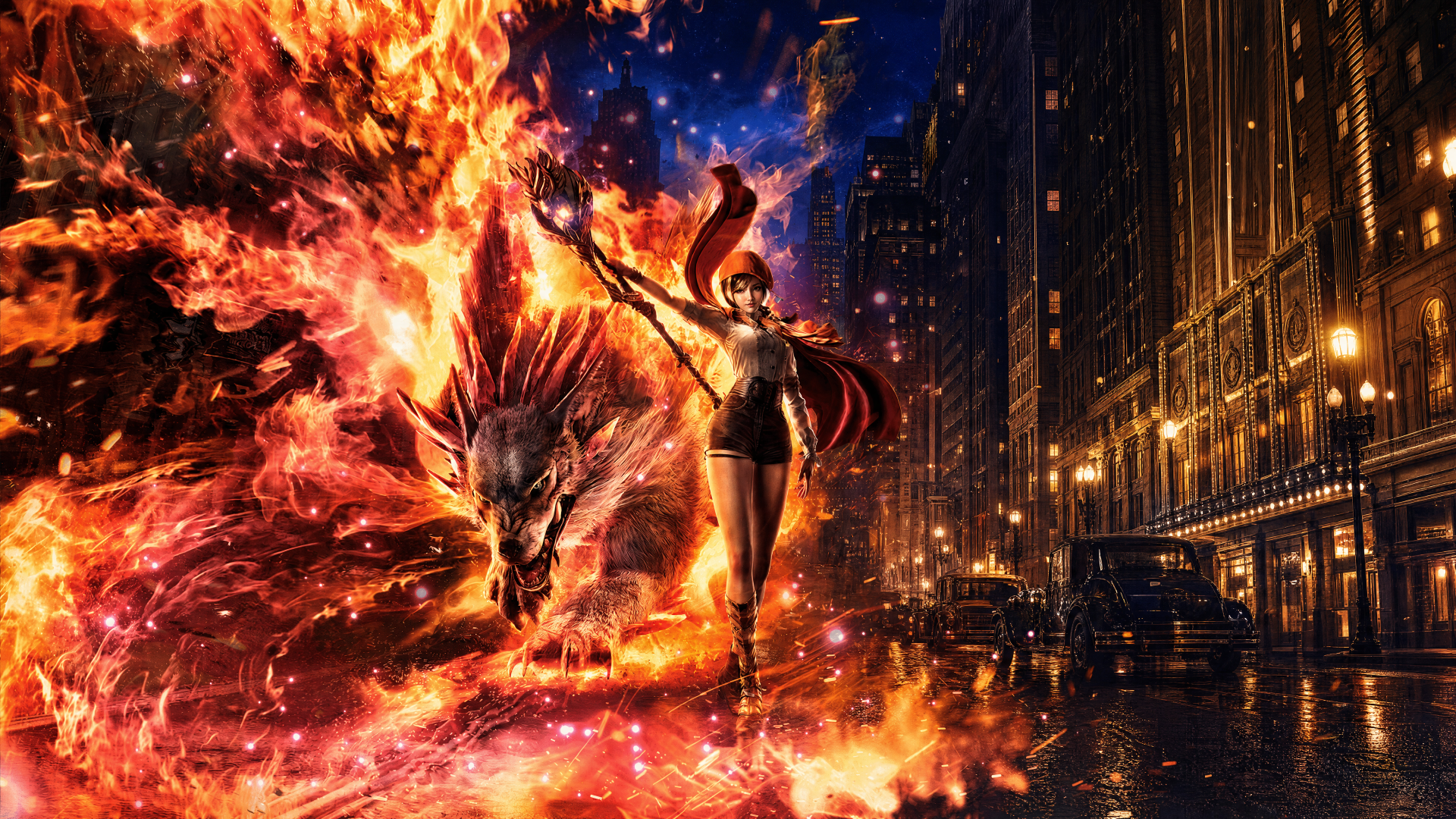 Rhapsody in Scarlet — a scarlet-clad woman raises a staff as a fiery dragon erupts beside her on a rain-slick neon city street. 4K Ultra HD PC desktop wallpaper and background.