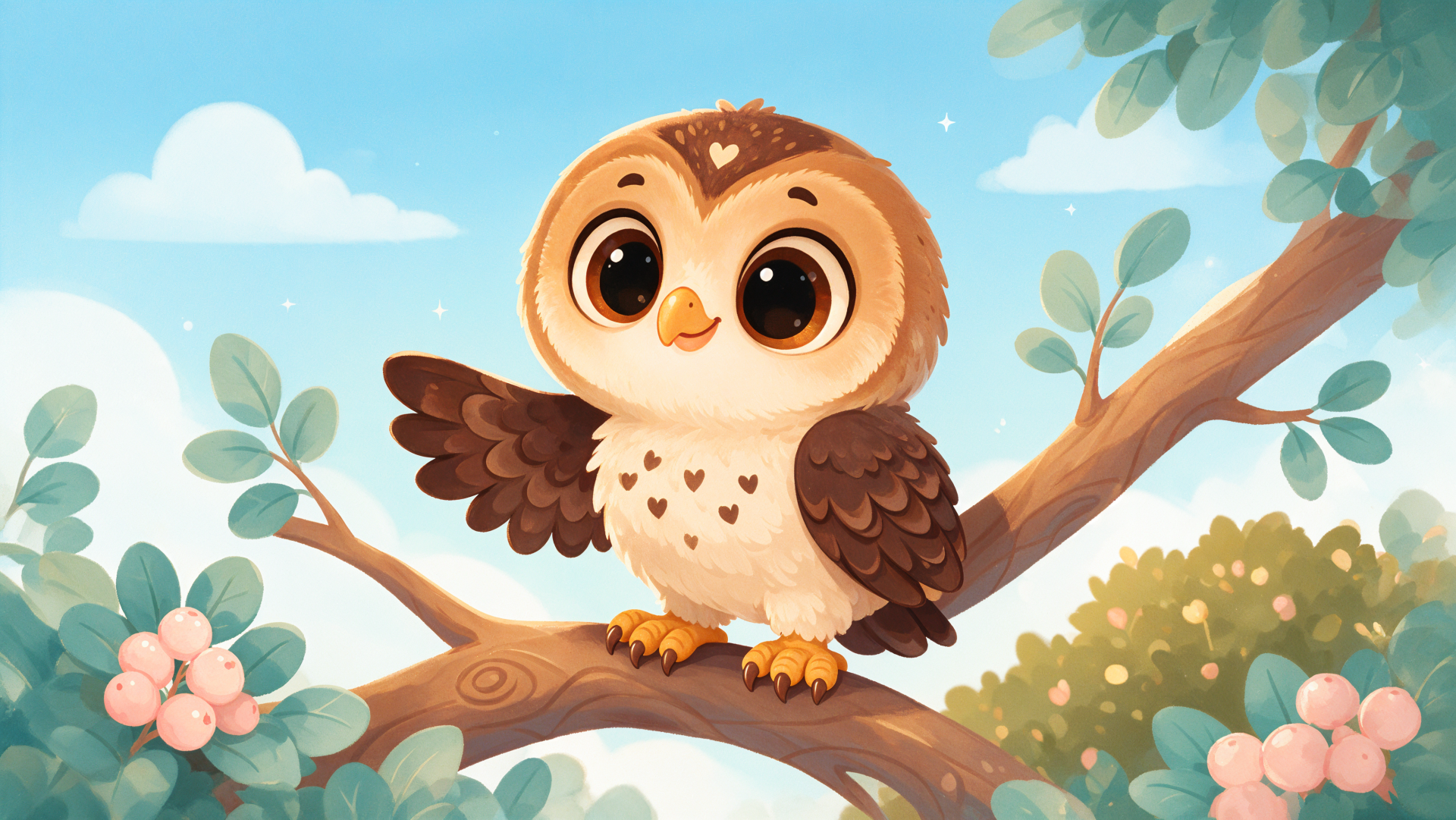 Cute owlet (owl) bird perched on a flowering branch against a sunny sky — 4K Ultra HD PC desktop wallpaper and background illustration.