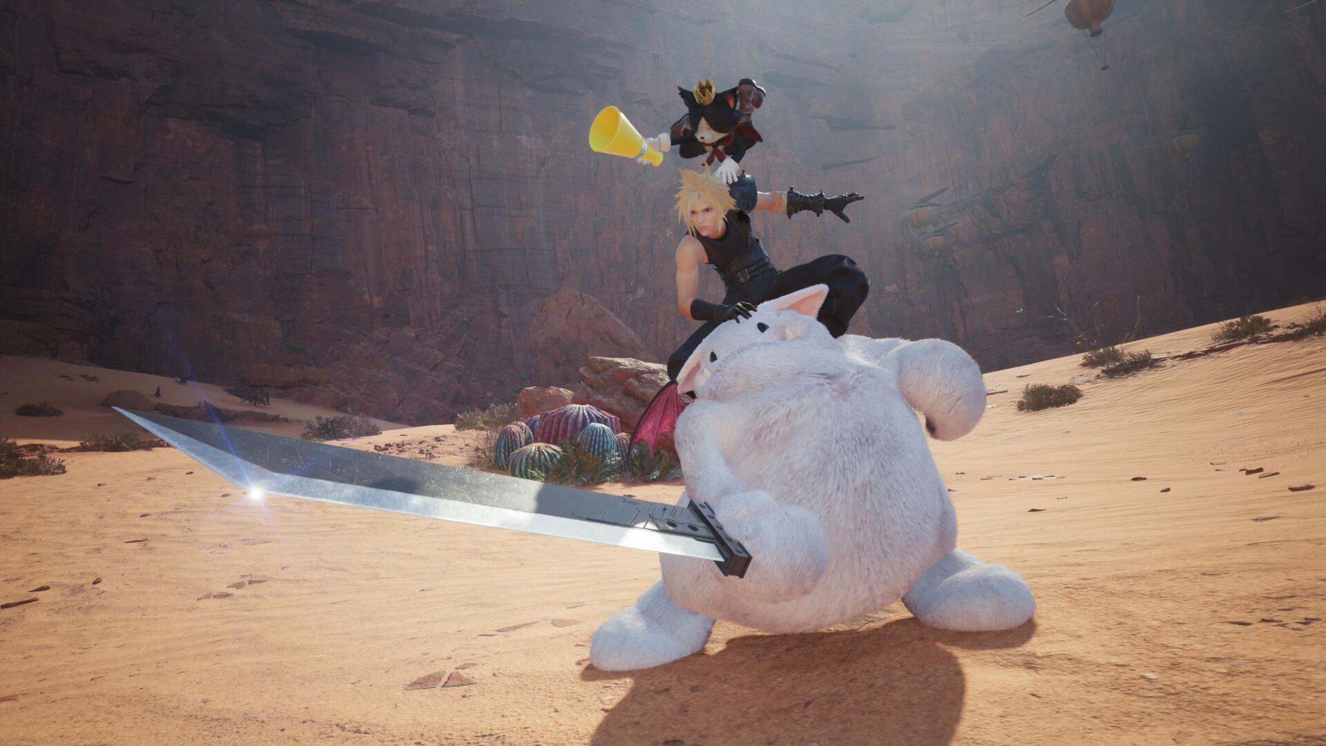 4K Ultra HD PC desktop wallpaper of Final Fantasy VII: Cloud Strife perched on Cait Sith’s plush body, giant sword drawn against a sunlit desert backdrop.