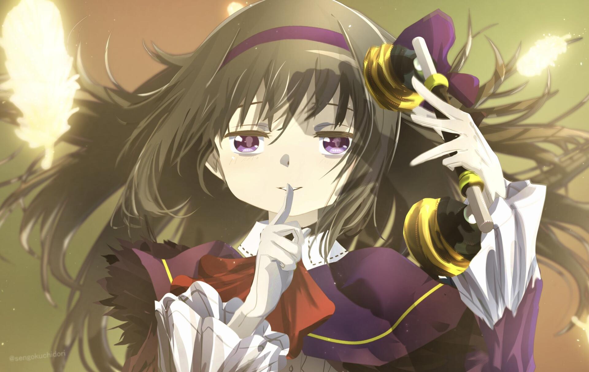 HD anime desktop wallpaper of Homura Akemi from Mahou Shoujo Madoka☆Magica — purple-eyed Homura shushing, flowing hair and ribbons against a warm, glowing bokeh background.